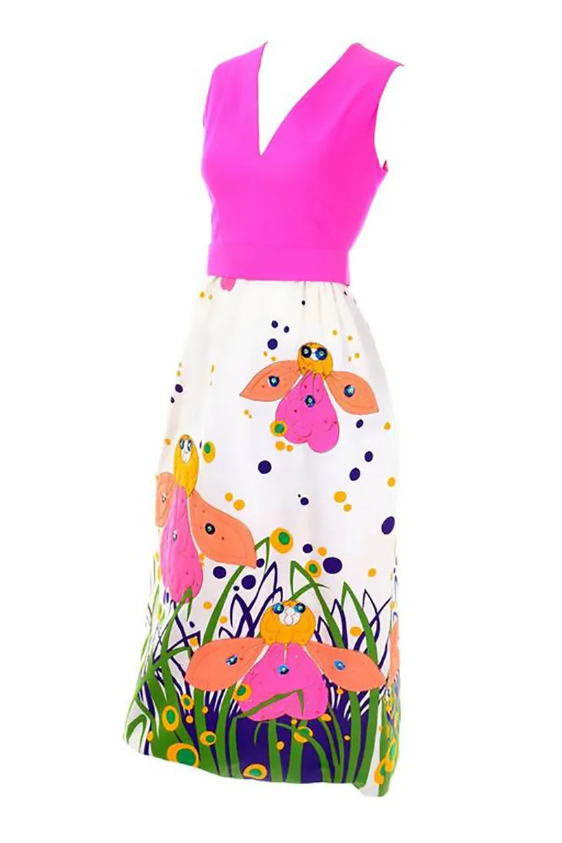 1960s Gino Charles Maxi Dress Vintage Bright Bug Butterfly Floral Print