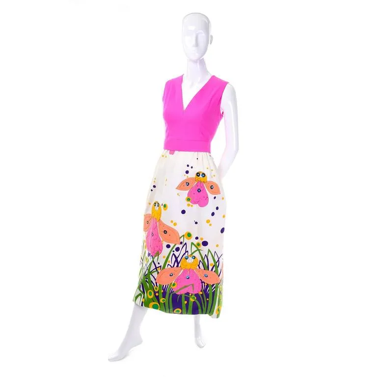 1960s Gino Charles Maxi Dress Vintage Bright Bug Butterfly Floral Print