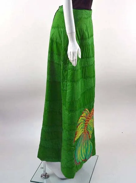 1970s Hand Screened Goldfish Green Quilted Cotton Maxi Skirt