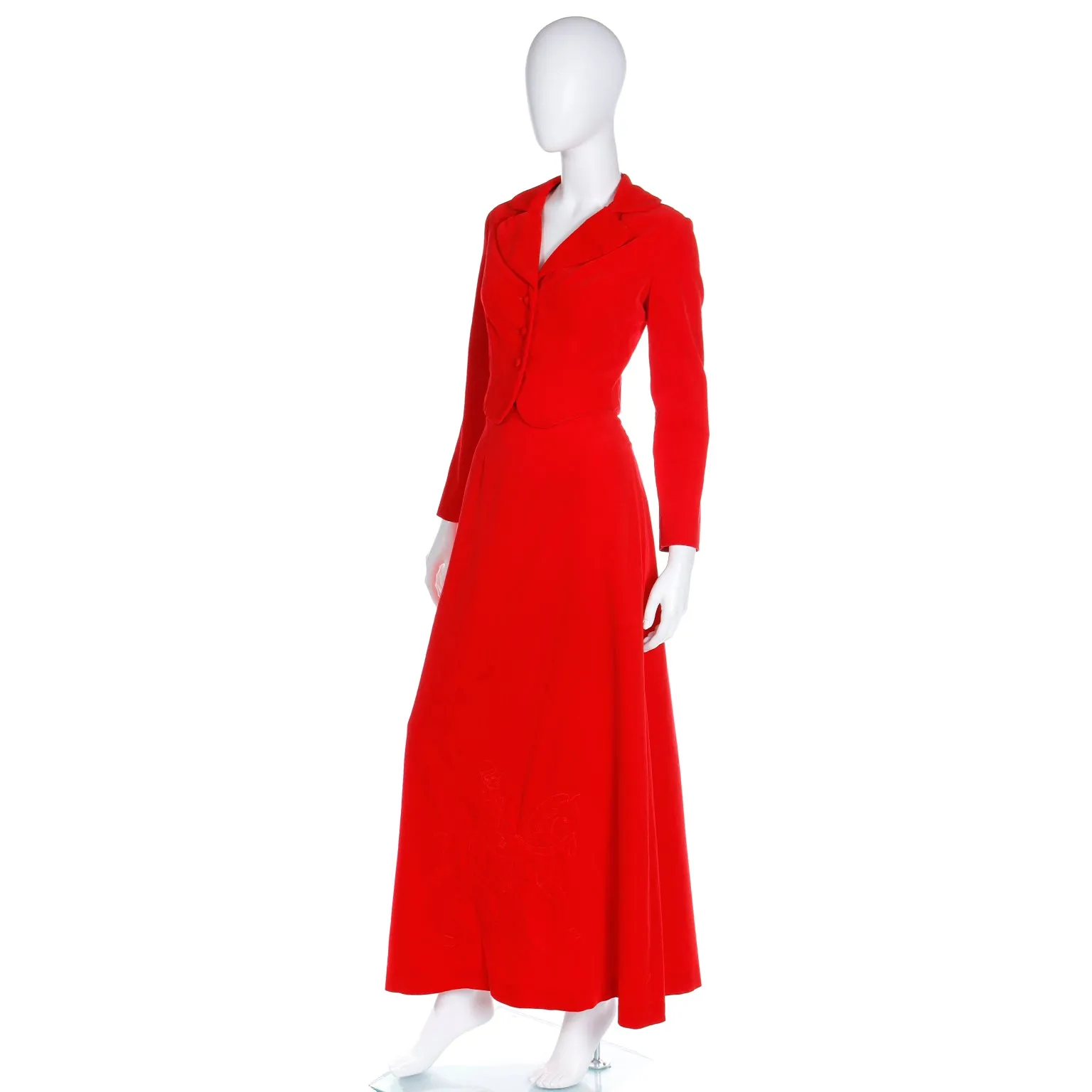 1970s Red Velvet 2pc Dress w Cropped Jacket & Quilted Maxi Skirt