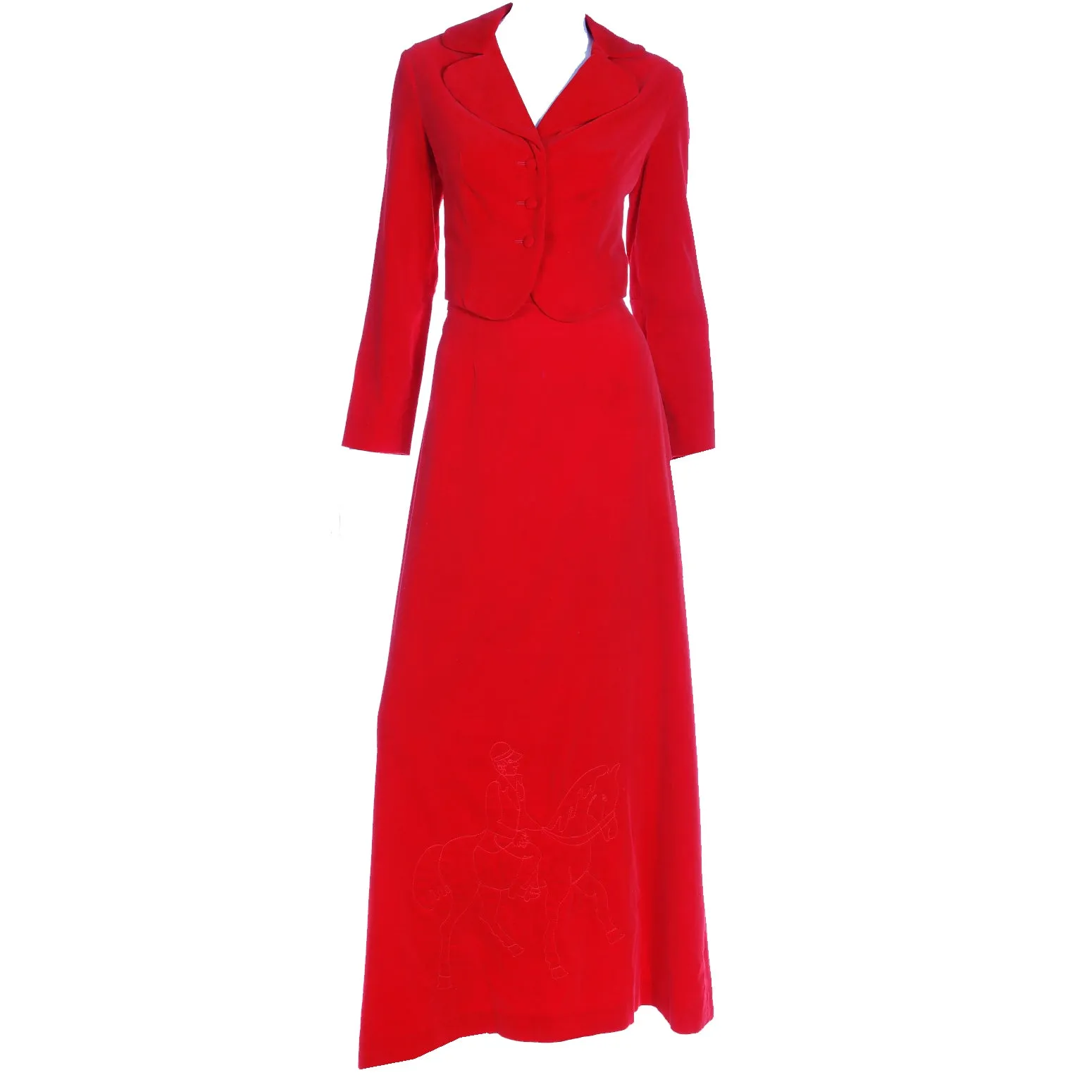 1970s Red Velvet 2pc Dress w Cropped Jacket & Quilted Maxi Skirt