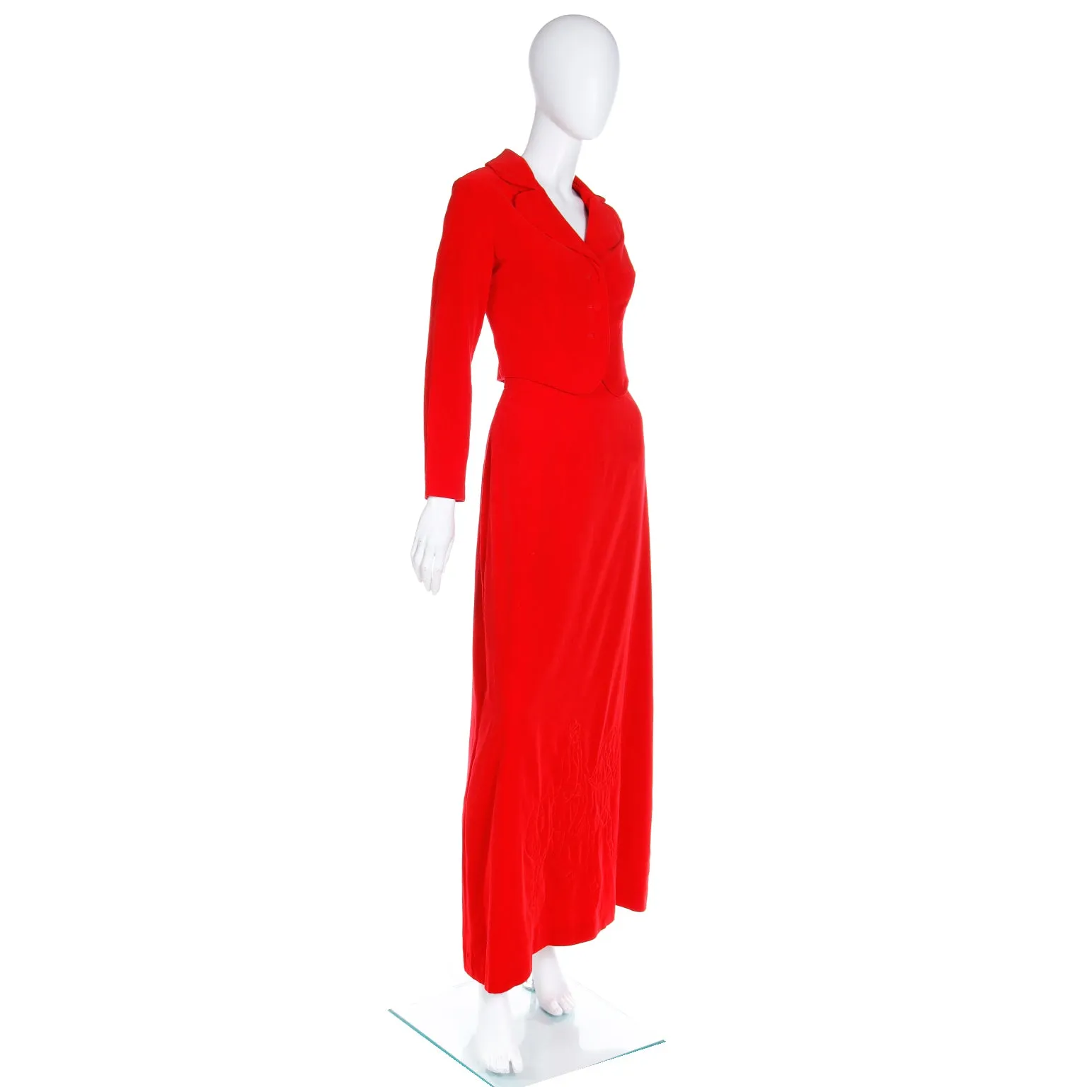 1970s Red Velvet 2pc Dress w Cropped Jacket & Quilted Maxi Skirt