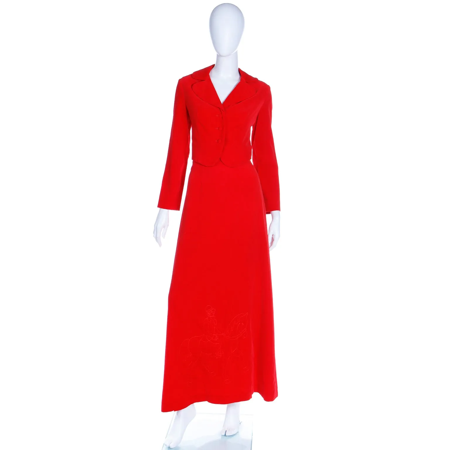 1970s Red Velvet 2pc Dress w Cropped Jacket & Quilted Maxi Skirt