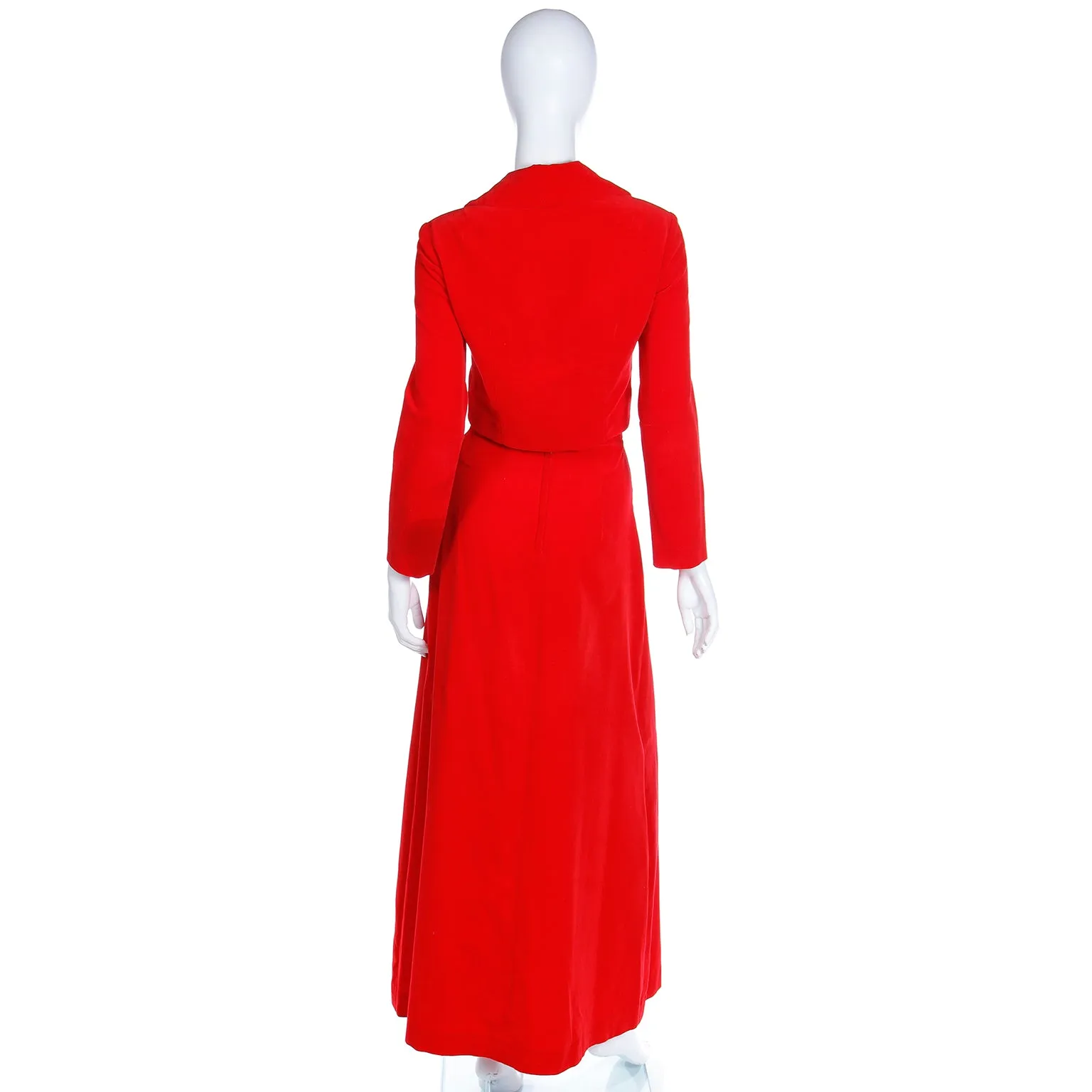 1970s Red Velvet 2pc Dress w Cropped Jacket & Quilted Maxi Skirt