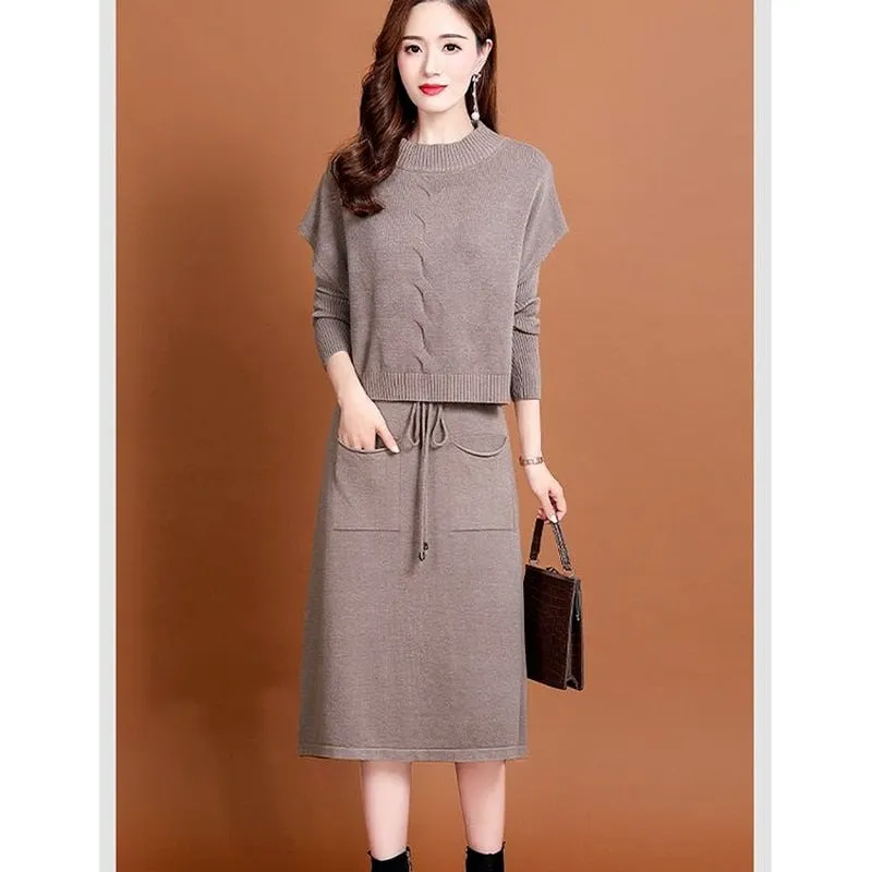 2022 Autumn Winter New Women Pullover Vest Sweater   Dress Suit Solid High Quality Long Sleeve Knitted Two Piece Sets X101