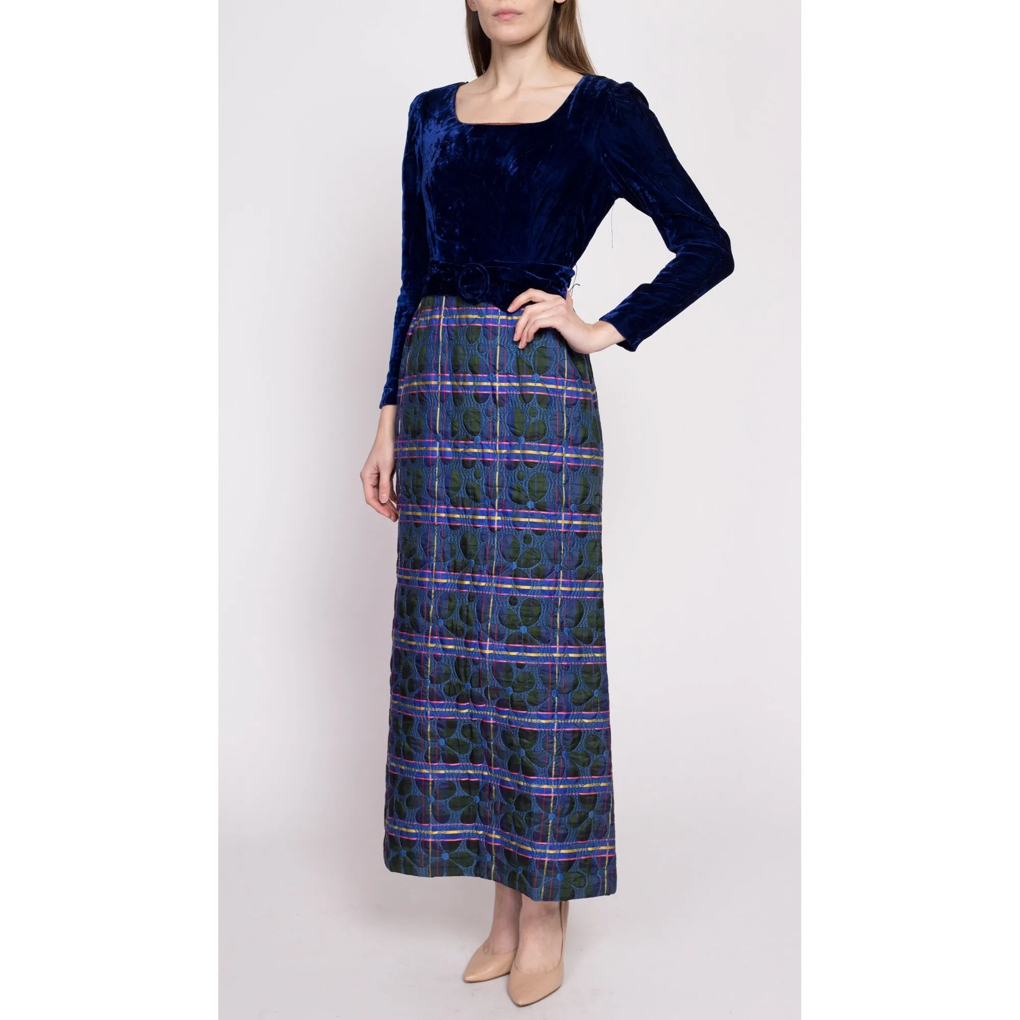 60s Blue Velvet & Quilted Skirt Maxi Dress - Small