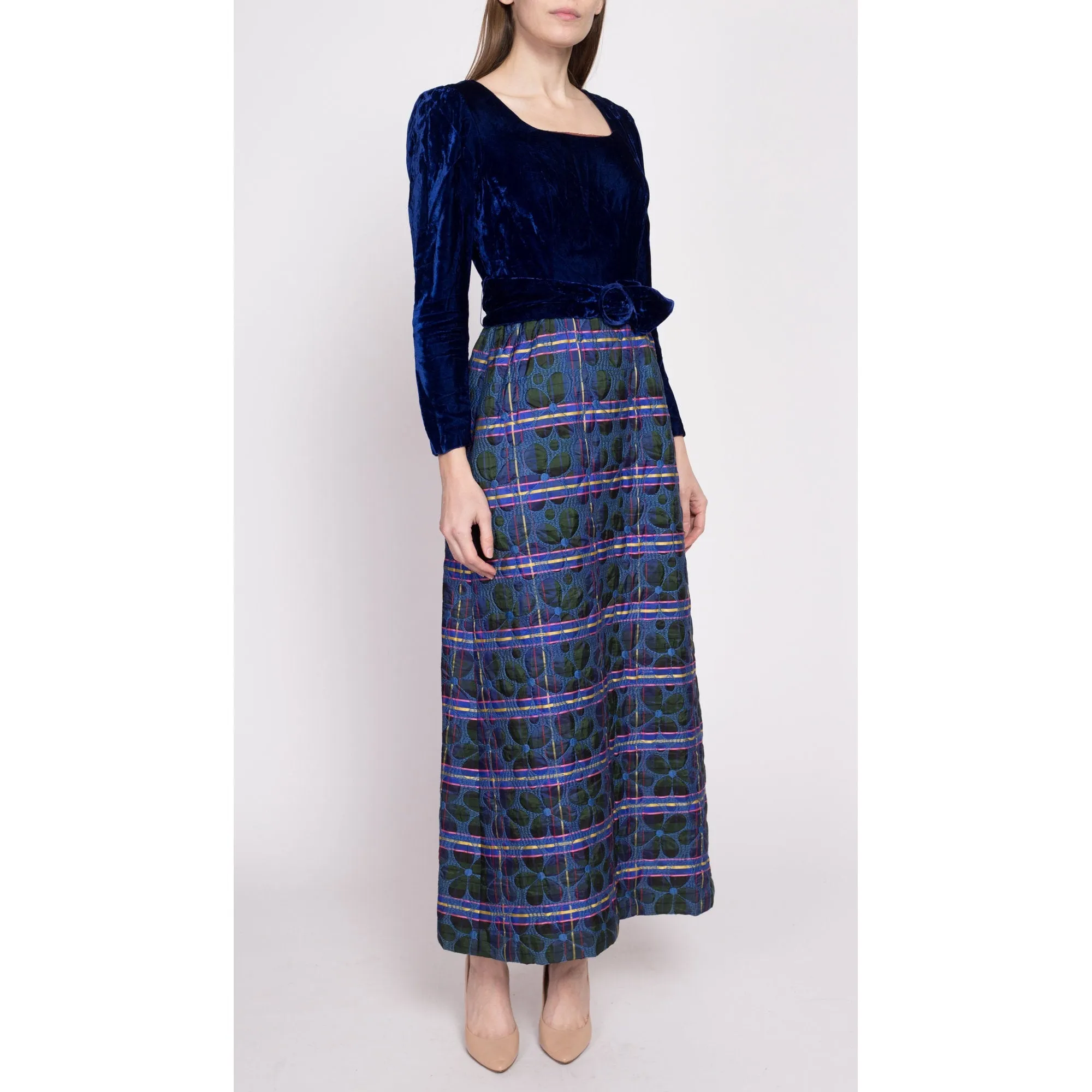 60s Blue Velvet & Quilted Skirt Maxi Dress - Small