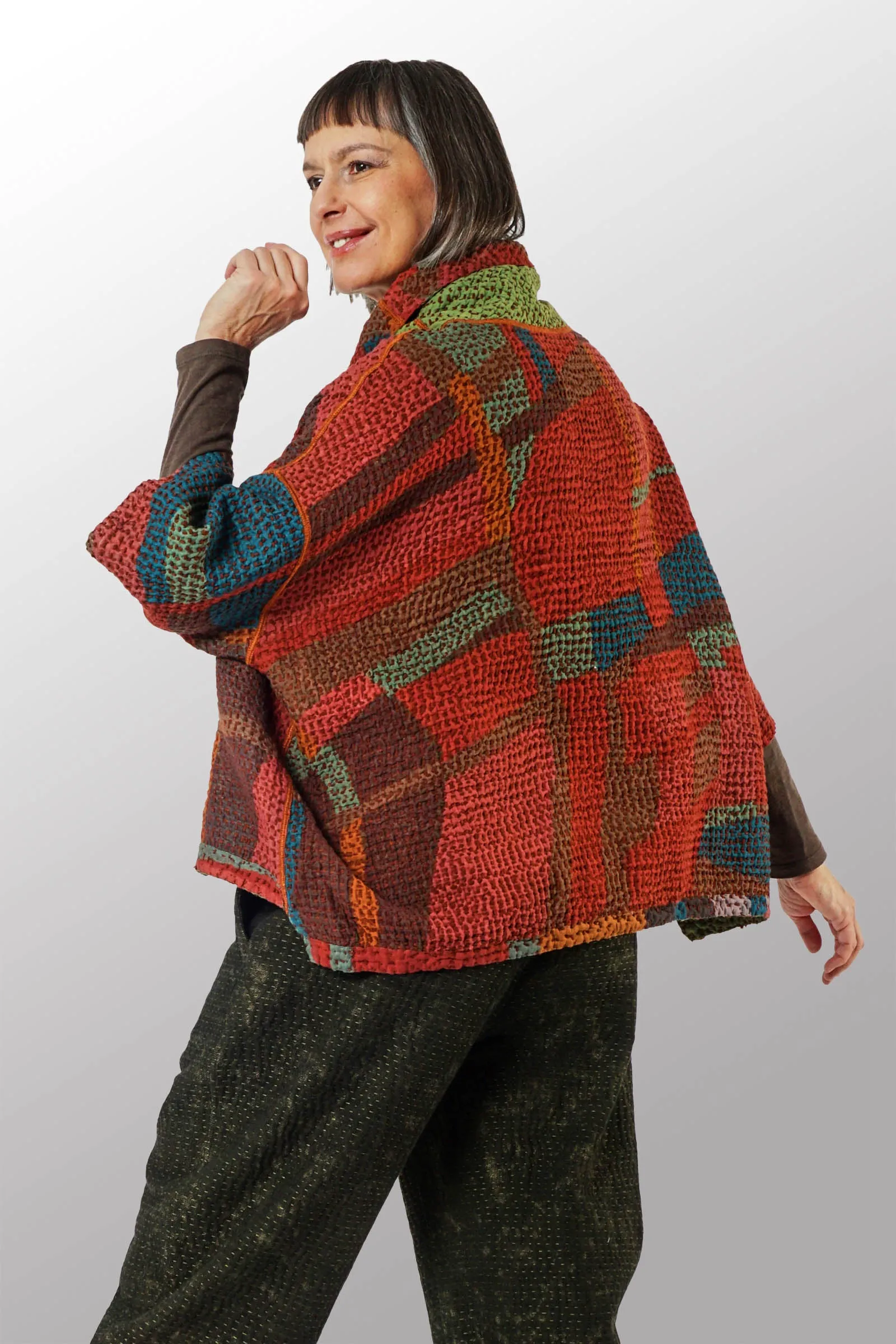 ABSTRACT WAFFLE KANTHA COWL NECK PONCHO - bw3061-red -