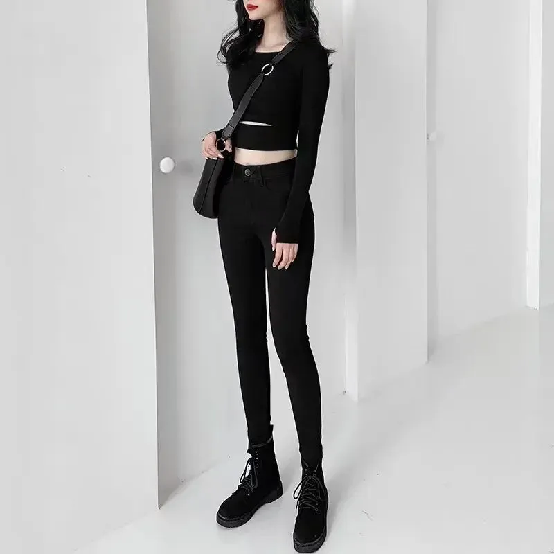 Amozae-Sexy High-waisted Slimming Jeans New Spring-autumn Korean Style Elastic Black Pants Magic Shaping Shoes Slim Fit For All