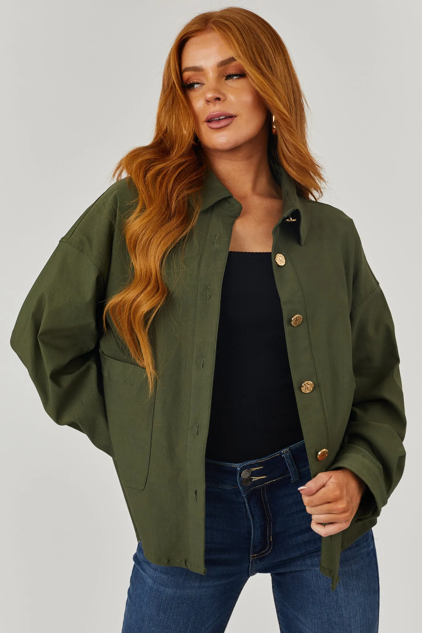 Army Green Oversized Long Sleeve Button Up Shacket