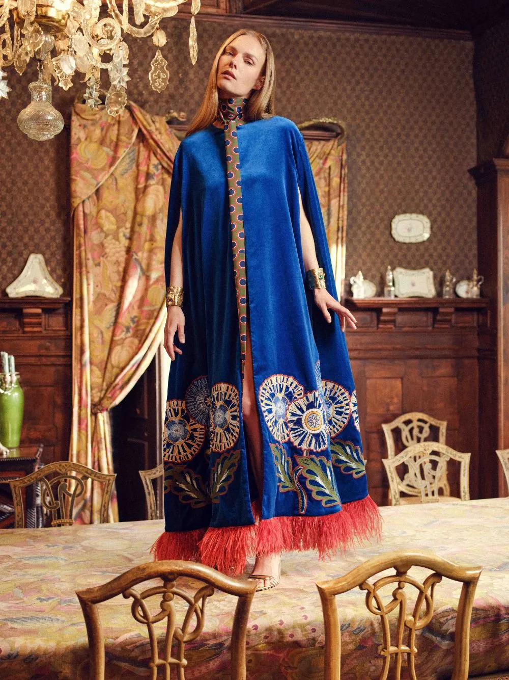 Aspen Embroidered Velvet Cape with Feathers