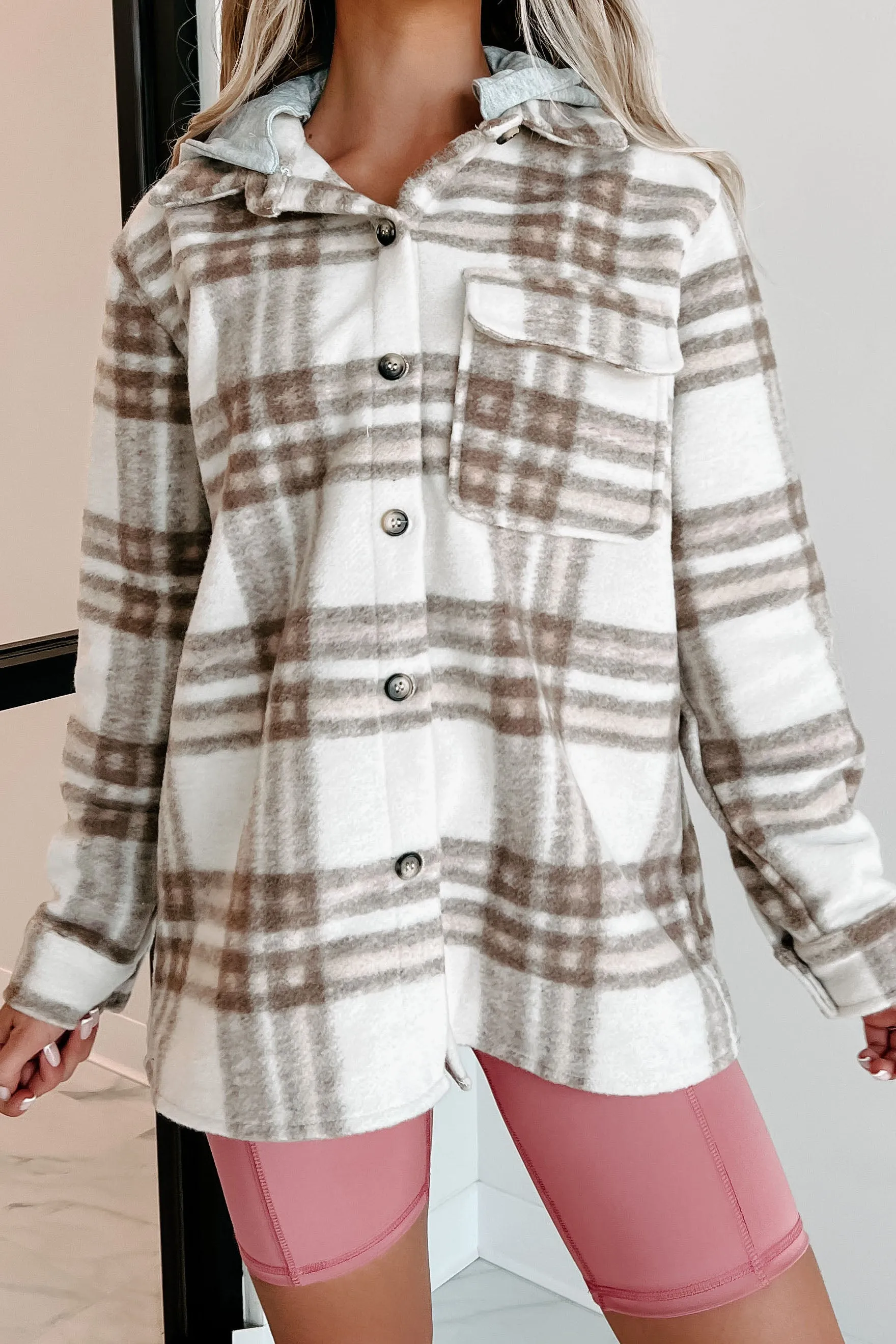 Autumn Wishes Hooded Plaid Shacket (Taupe Brown)