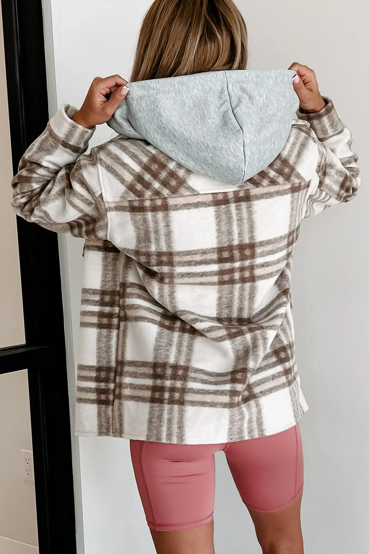 Autumn Wishes Hooded Plaid Shacket (Taupe Brown)