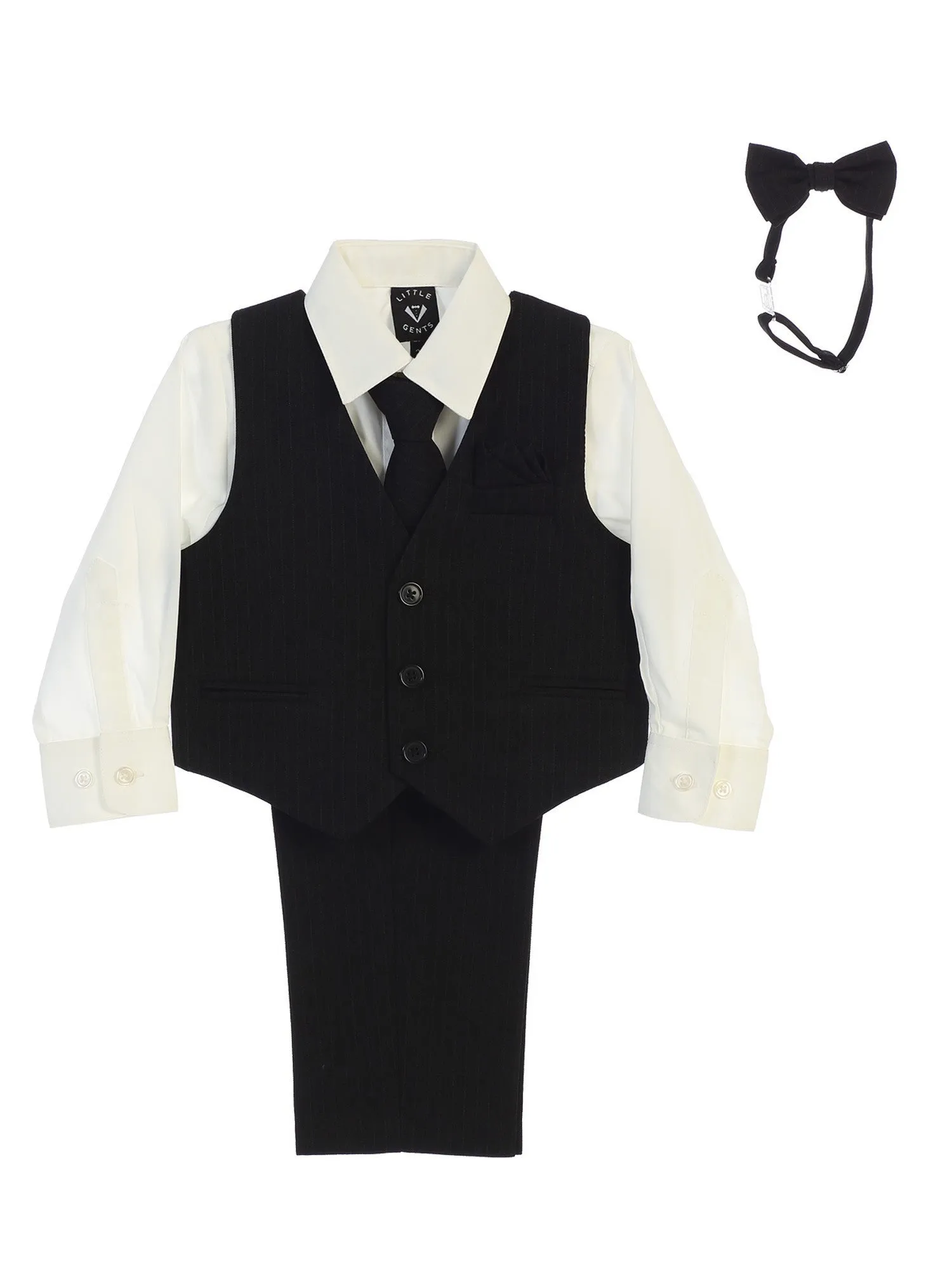 Baby Boys Ivory Shirt Zipper Tie Bow Tie Pinstripe Vest Pant Set 6-24M