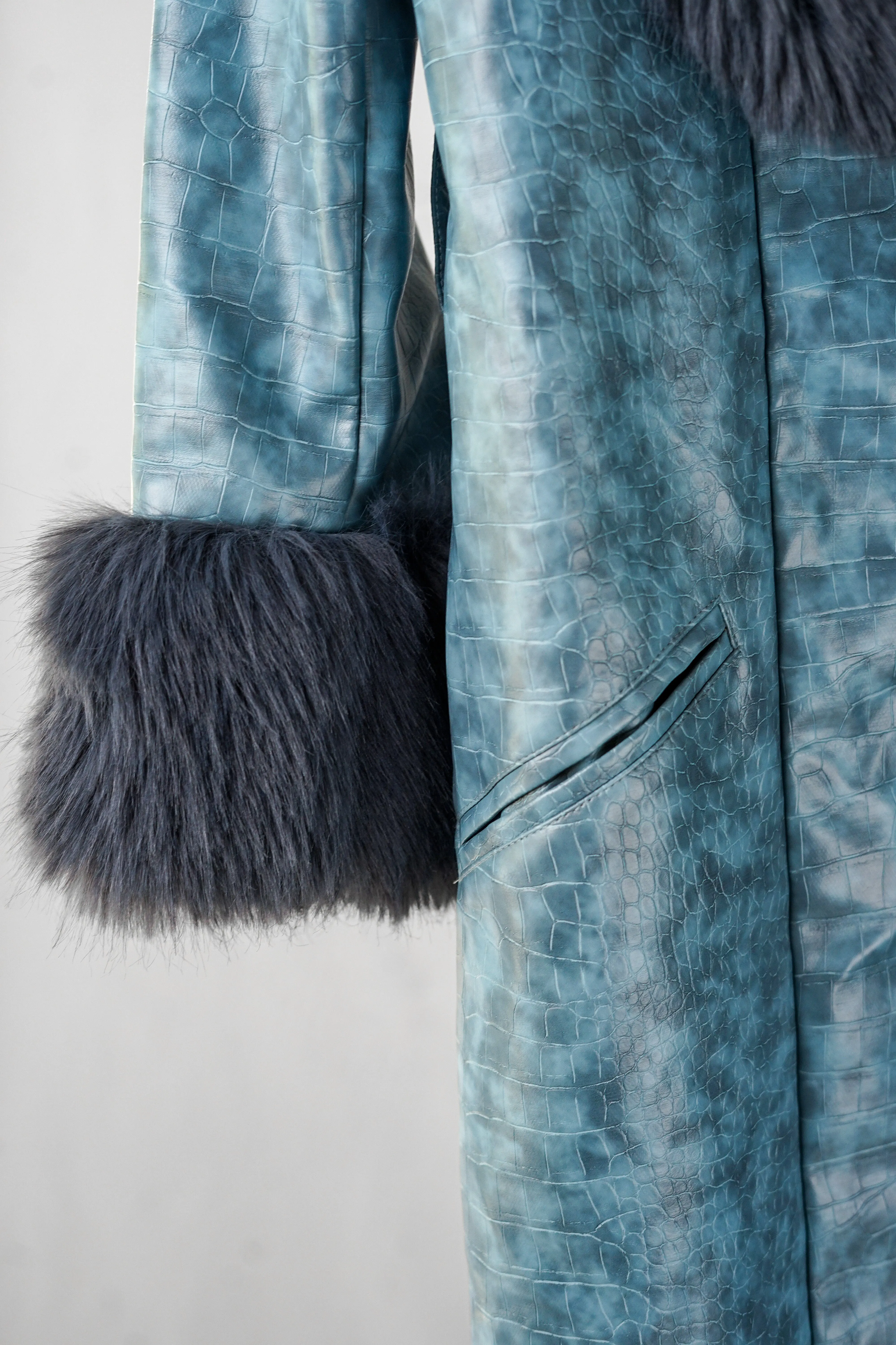 Bangon | Blue Snake Skin Leather Coat with Blue Fur Trim