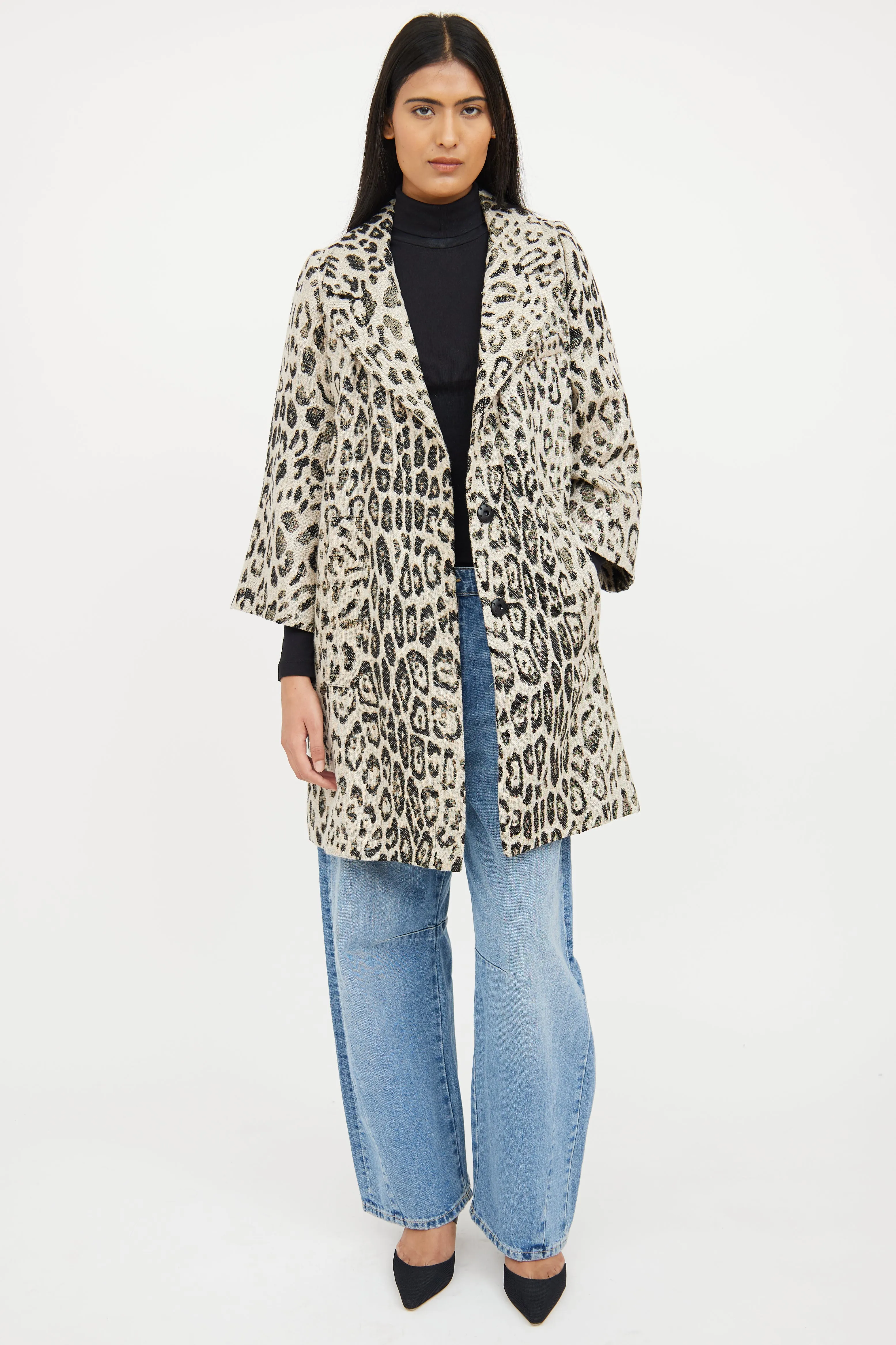 Beige & Black Print Button Coat