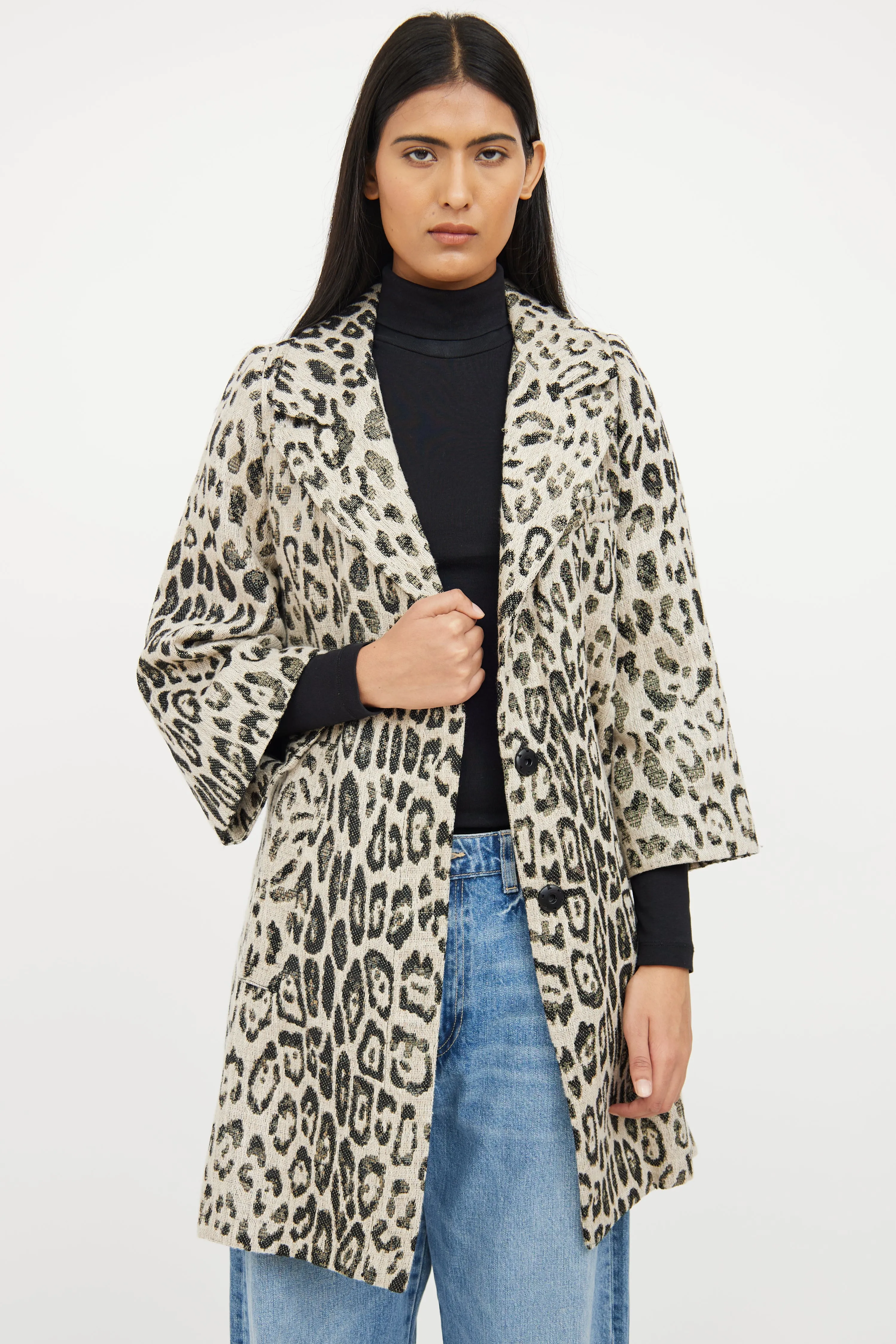 Beige & Black Print Button Coat