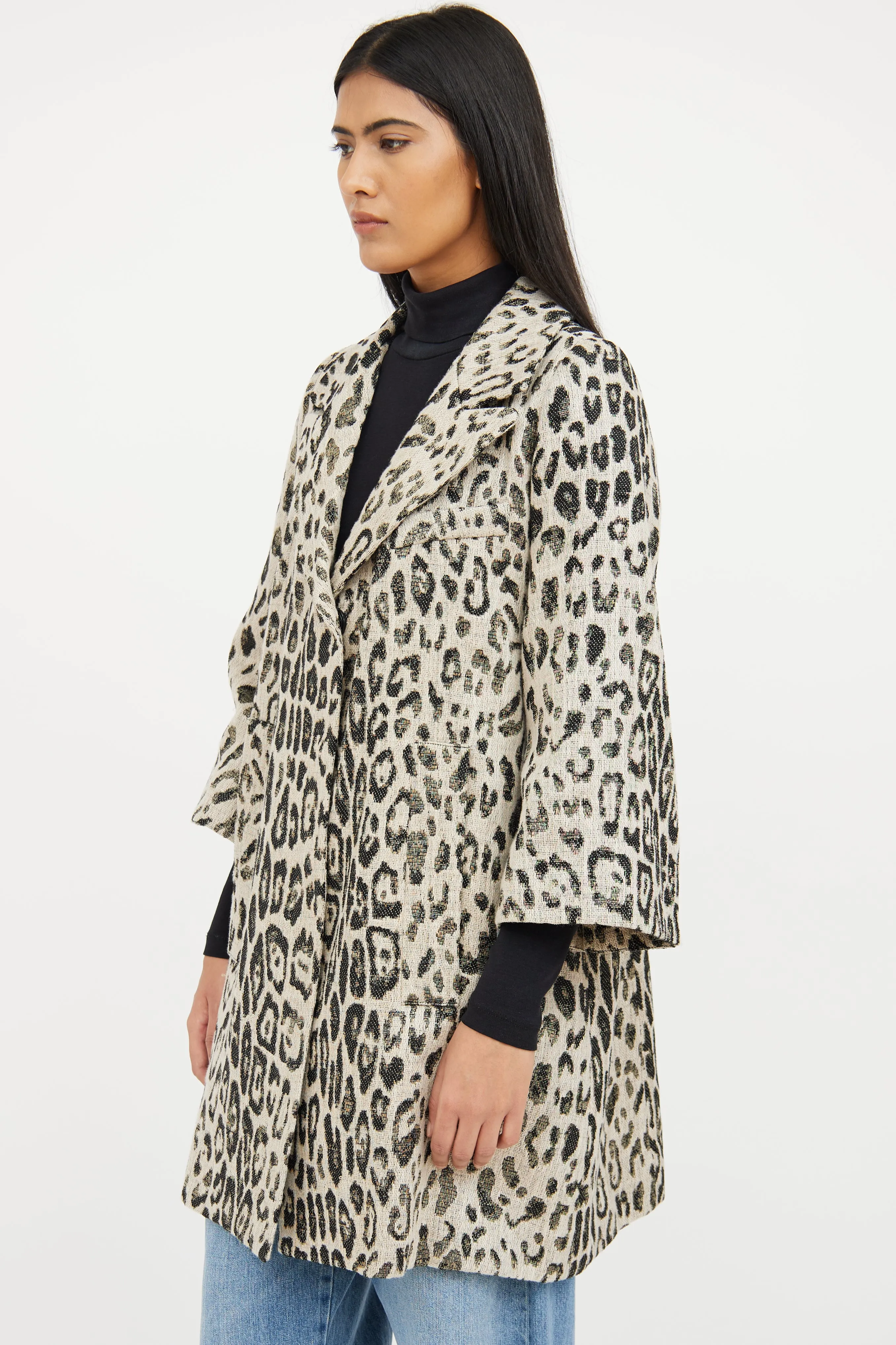 Beige & Black Print Button Coat