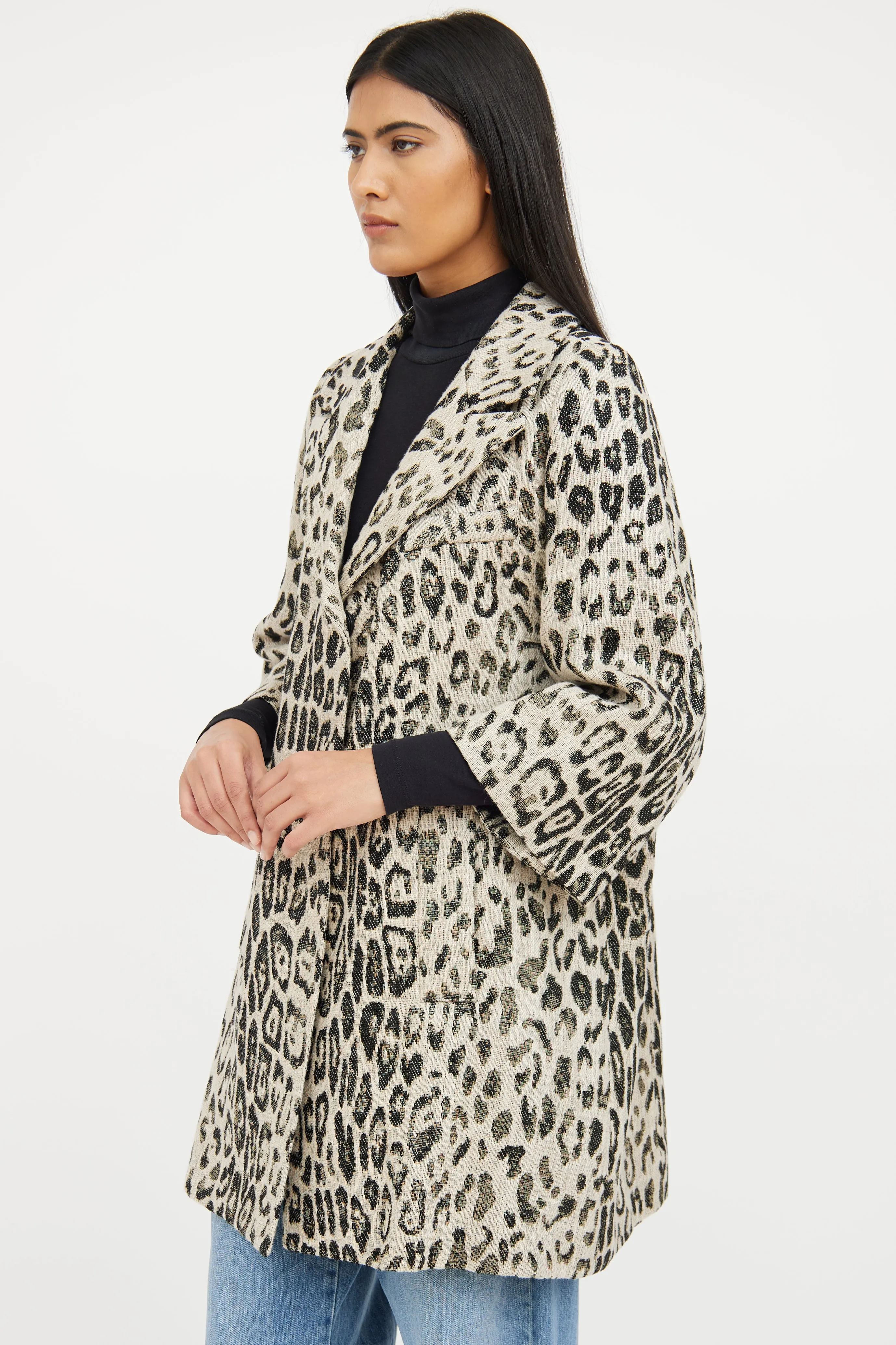 Beige & Black Print Button Coat