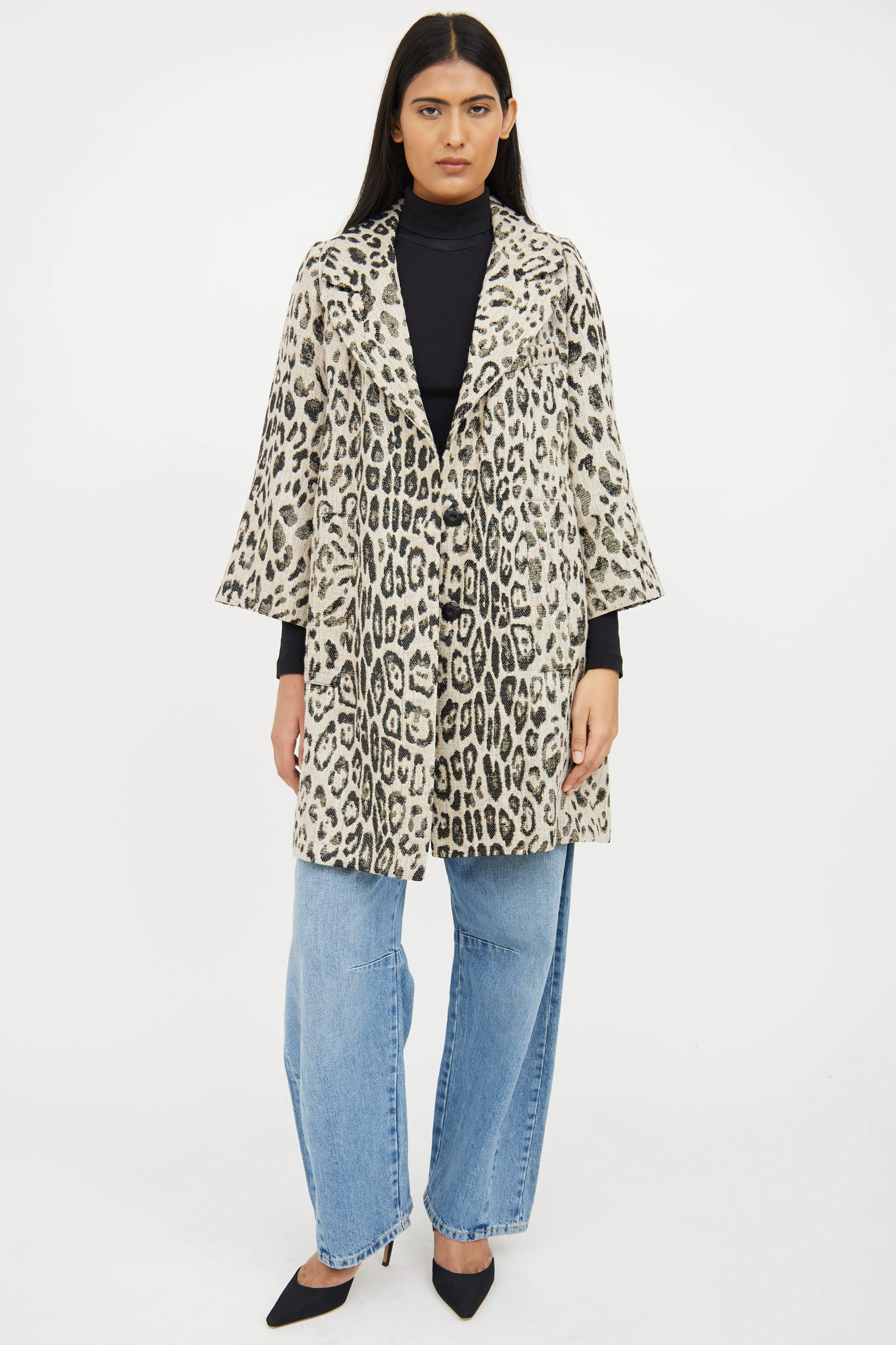 Beige & Black Print Button Coat