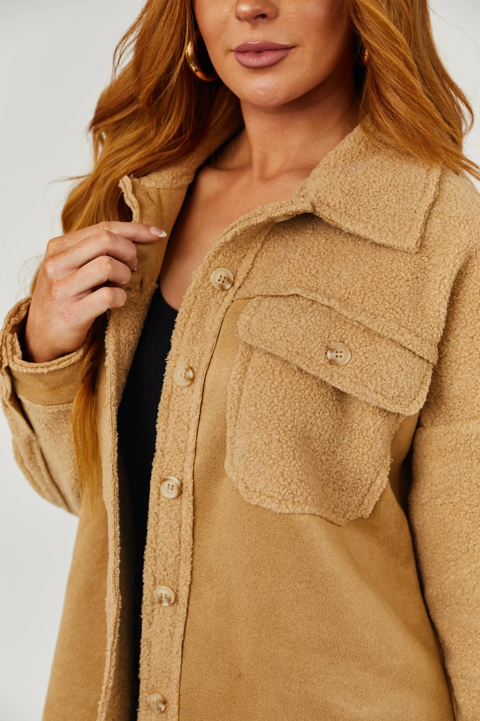 Beige Suede and Sherpa Button Down Shacket