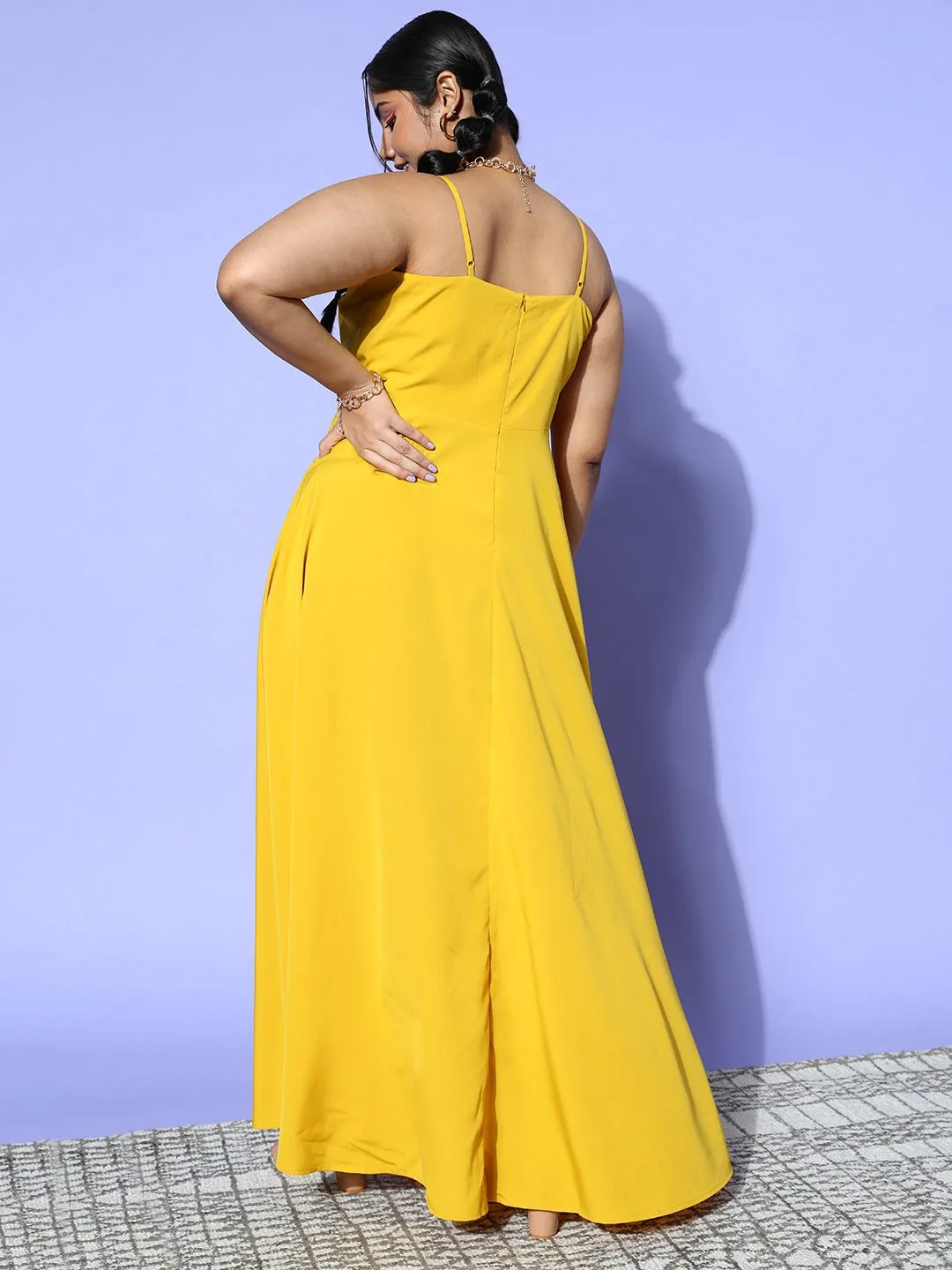 Berrylush Women Plus Size Solid Yellow V-Neck Sleeveless Crepe Thigh-High Slit Fit & Flare Wrap Maxi Dress