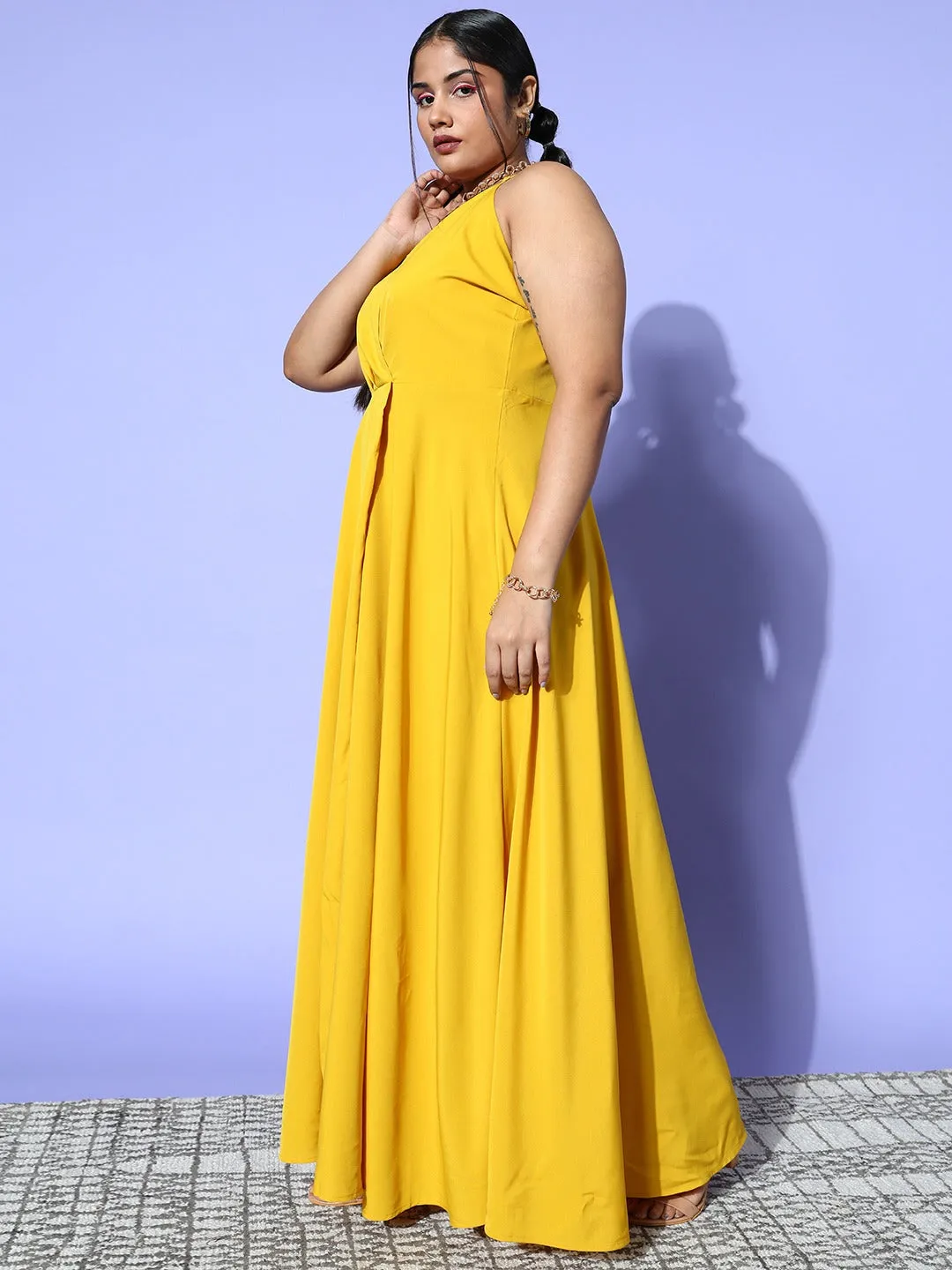 Berrylush Women Plus Size Solid Yellow V-Neck Sleeveless Crepe Thigh-High Slit Fit & Flare Wrap Maxi Dress