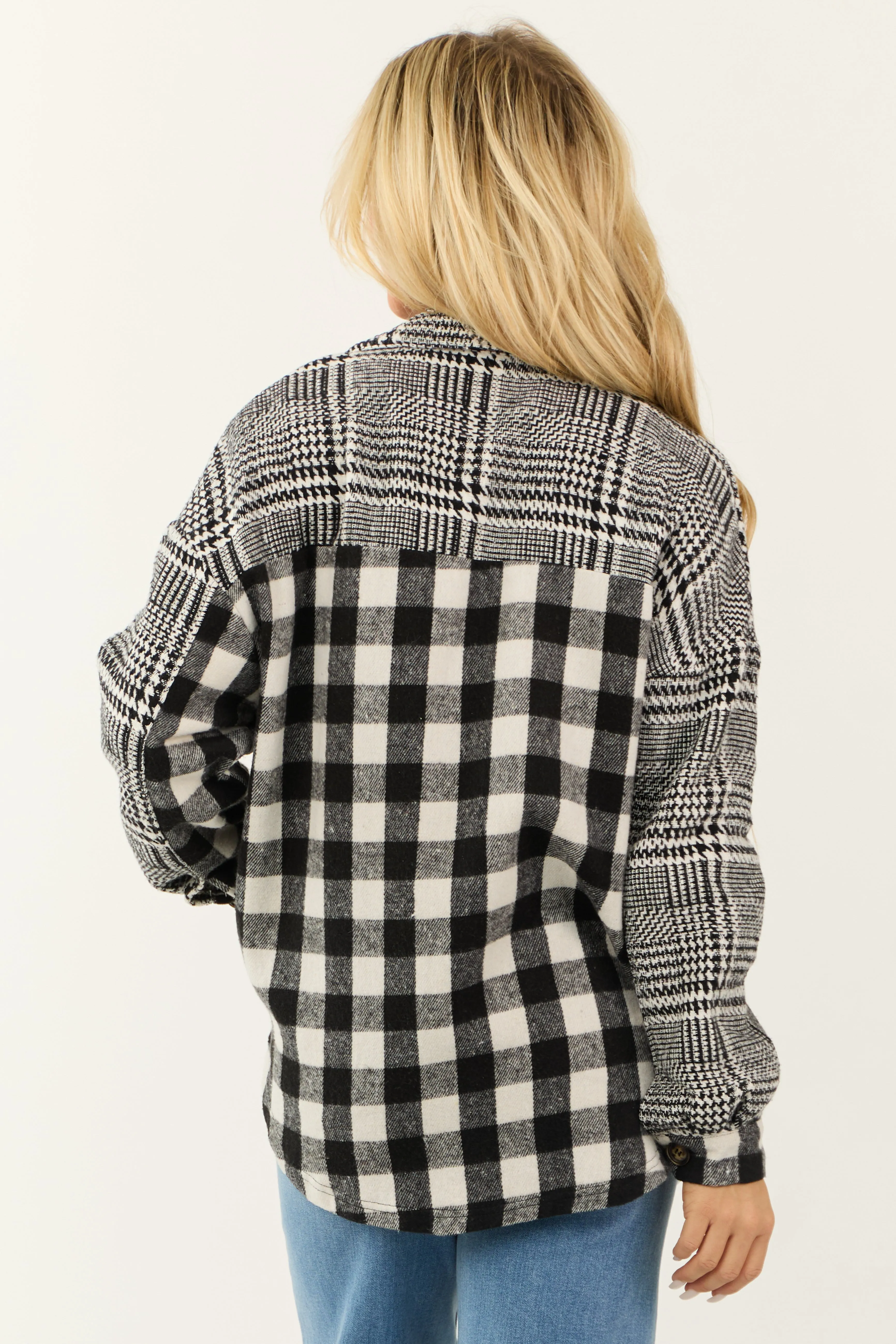 Black and Ivory Mixed Plaid and Gingham Shacket