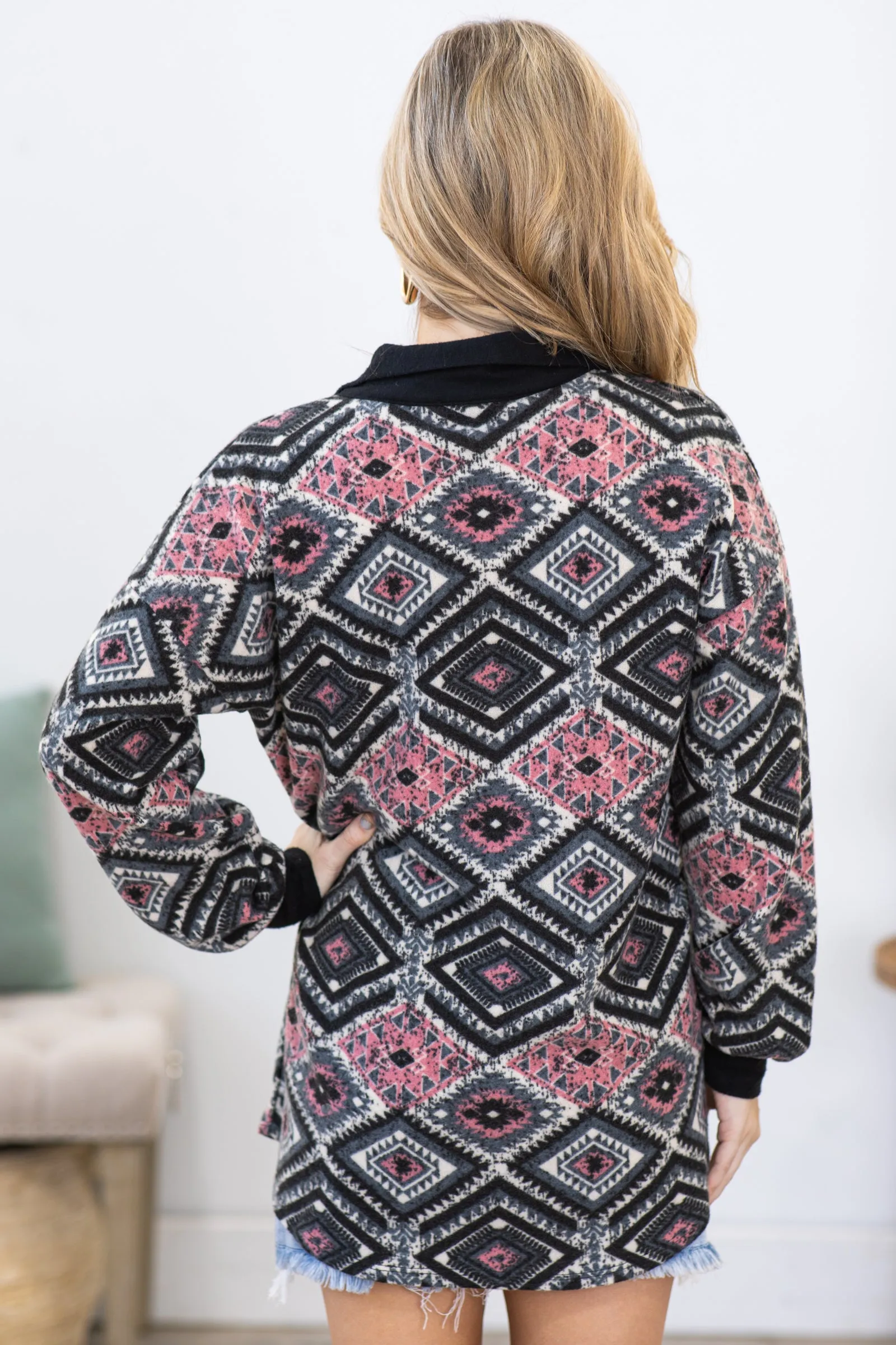 Black and Pink Aztec Print Knit Shacket