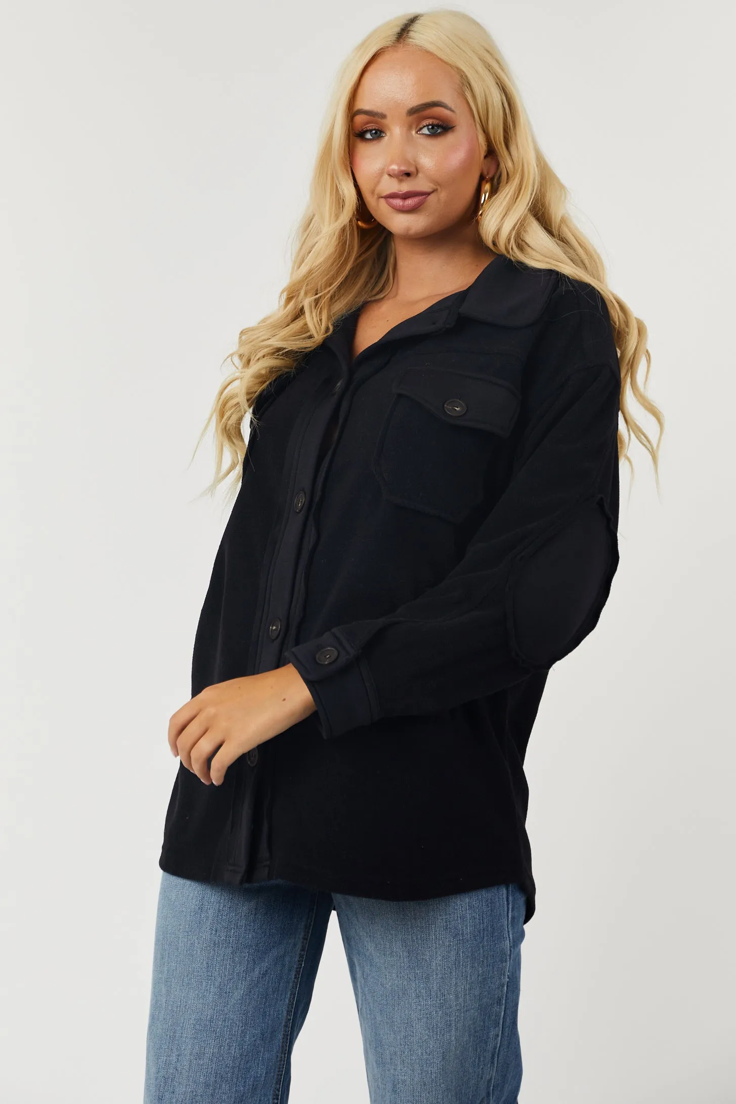 Black Elbow Patch Solid Fleece Shacket