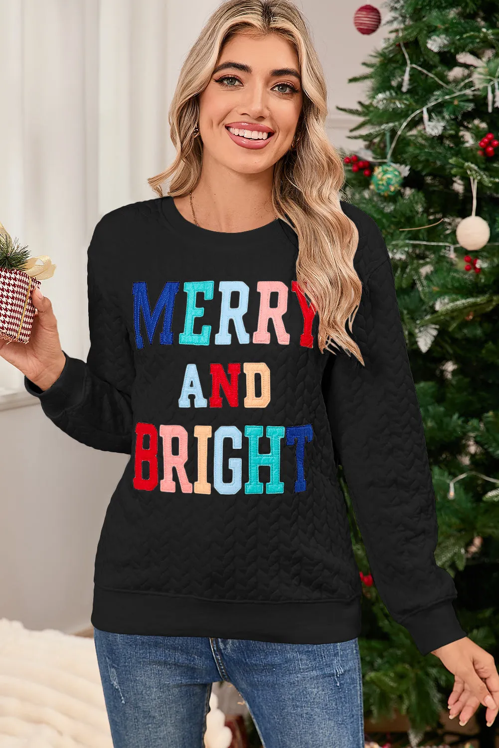 Black Merry and Bright Quilted Sweatshirt