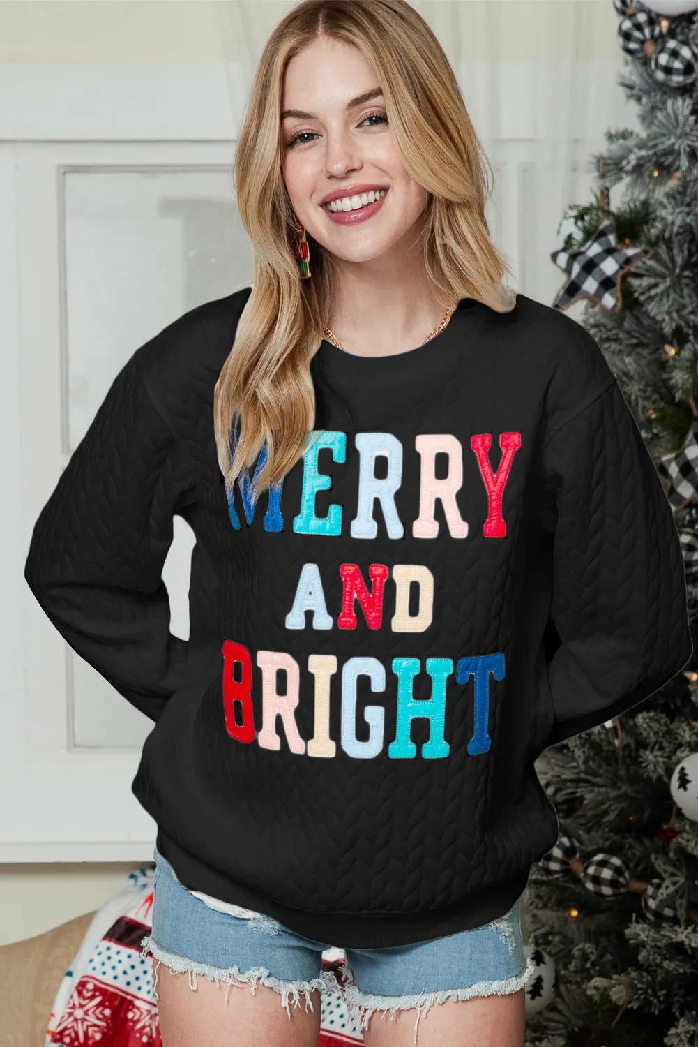 Black Merry and Bright Quilted Sweatshirt