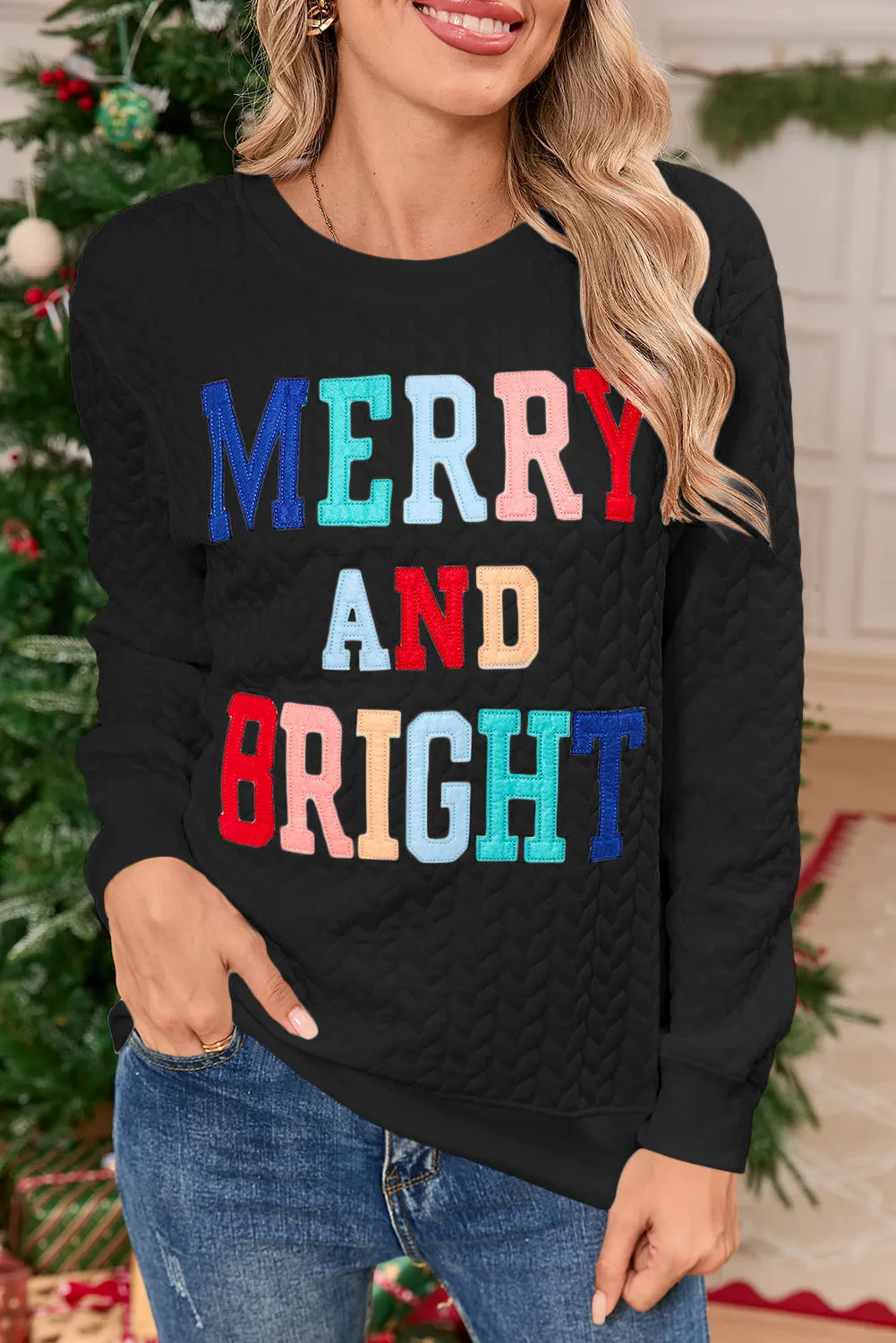 Black Merry and Bright Quilted Sweatshirt