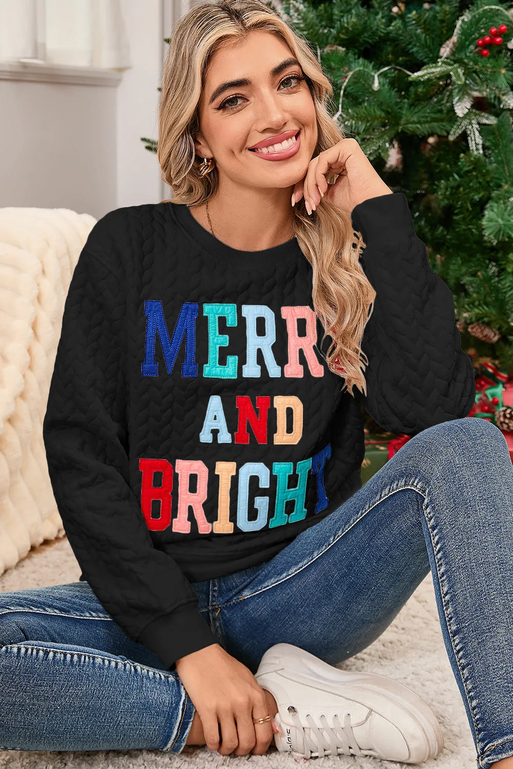 Black Merry and Bright Quilted Sweatshirt