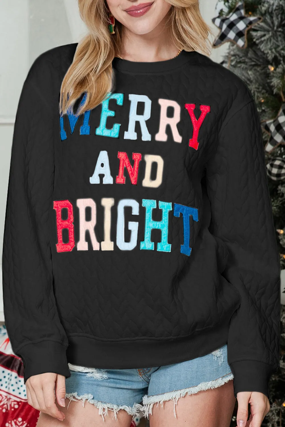 Black Merry and Bright Quilted Sweatshirt