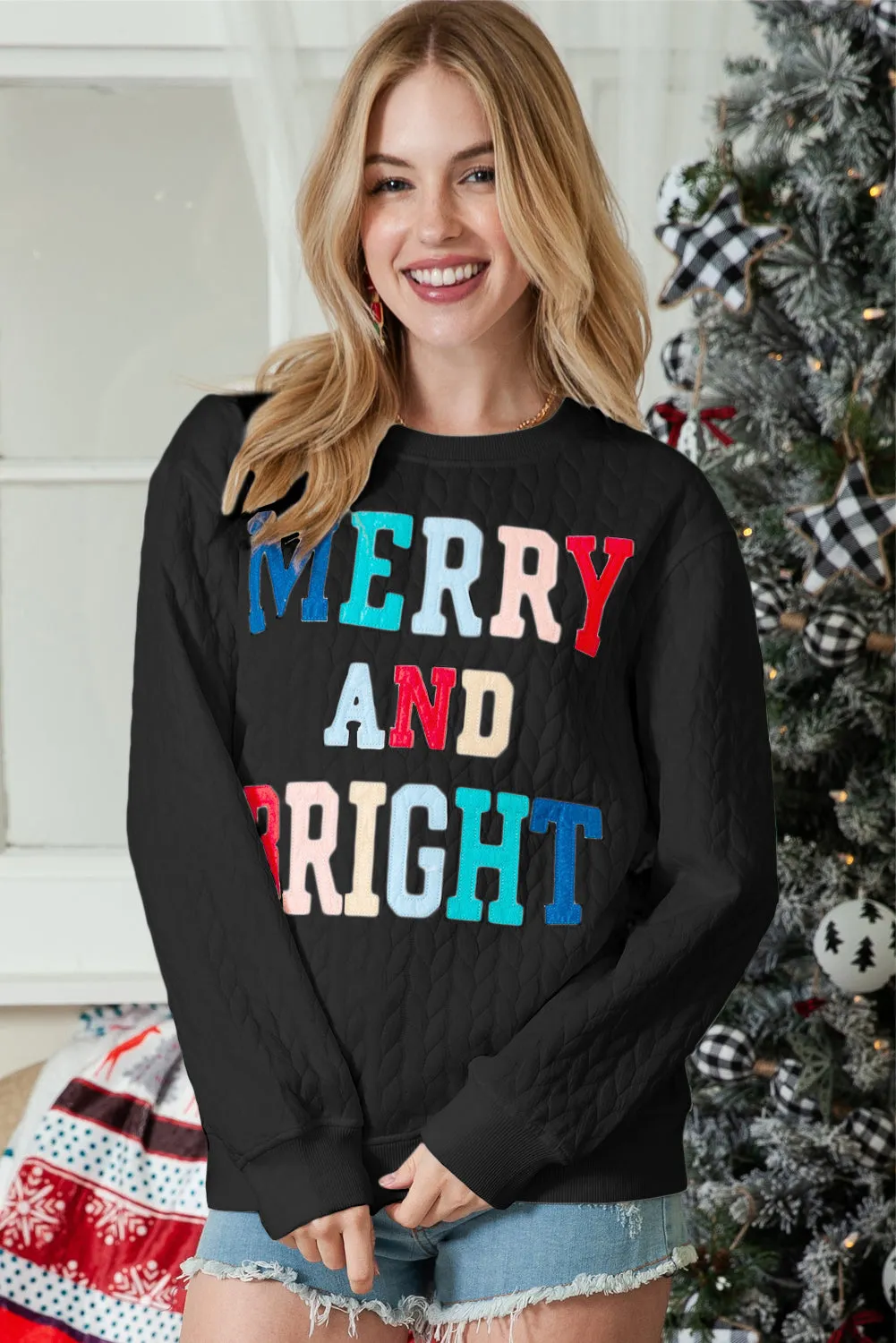 Black Merry and Bright Quilted Sweatshirt