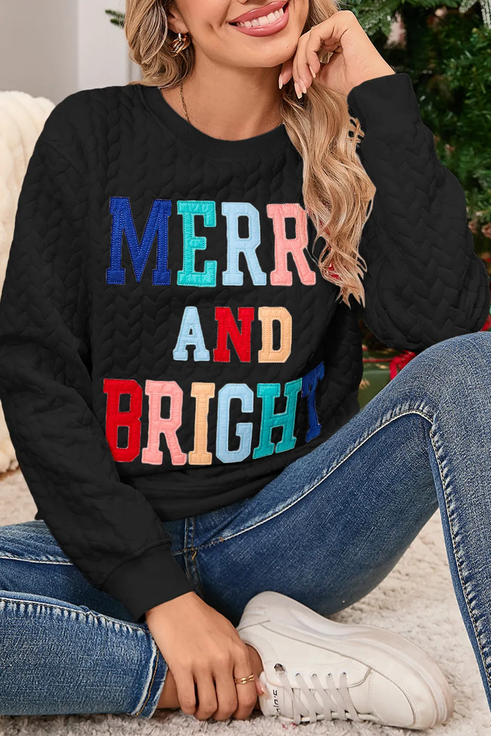 Black Merry and Bright Quilted Sweatshirt