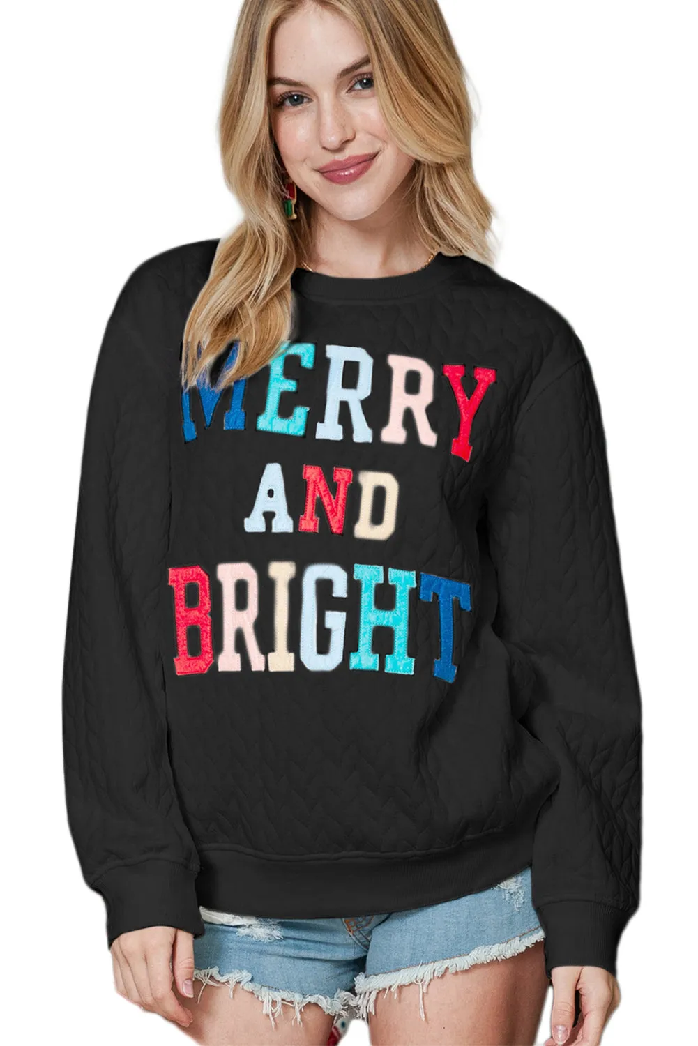 Black Merry and Bright Quilted Sweatshirt