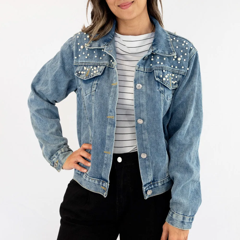 (Black Pearl) Mrs. Olsen Wedding  Pearl Denim Jacket