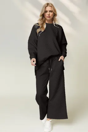 Black Quilted Long Sleeve Tunic Top and Wide Leg Pants Set