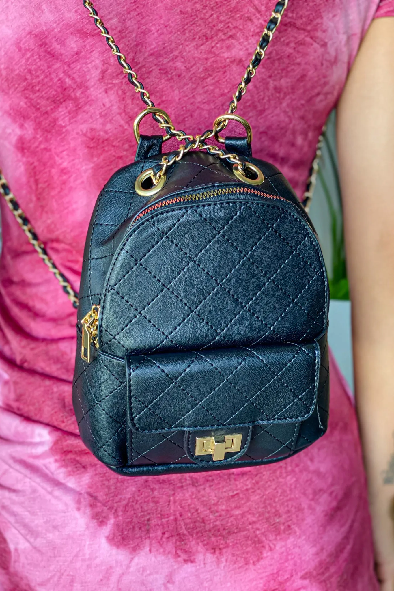 Black Quilted Mini Backpack