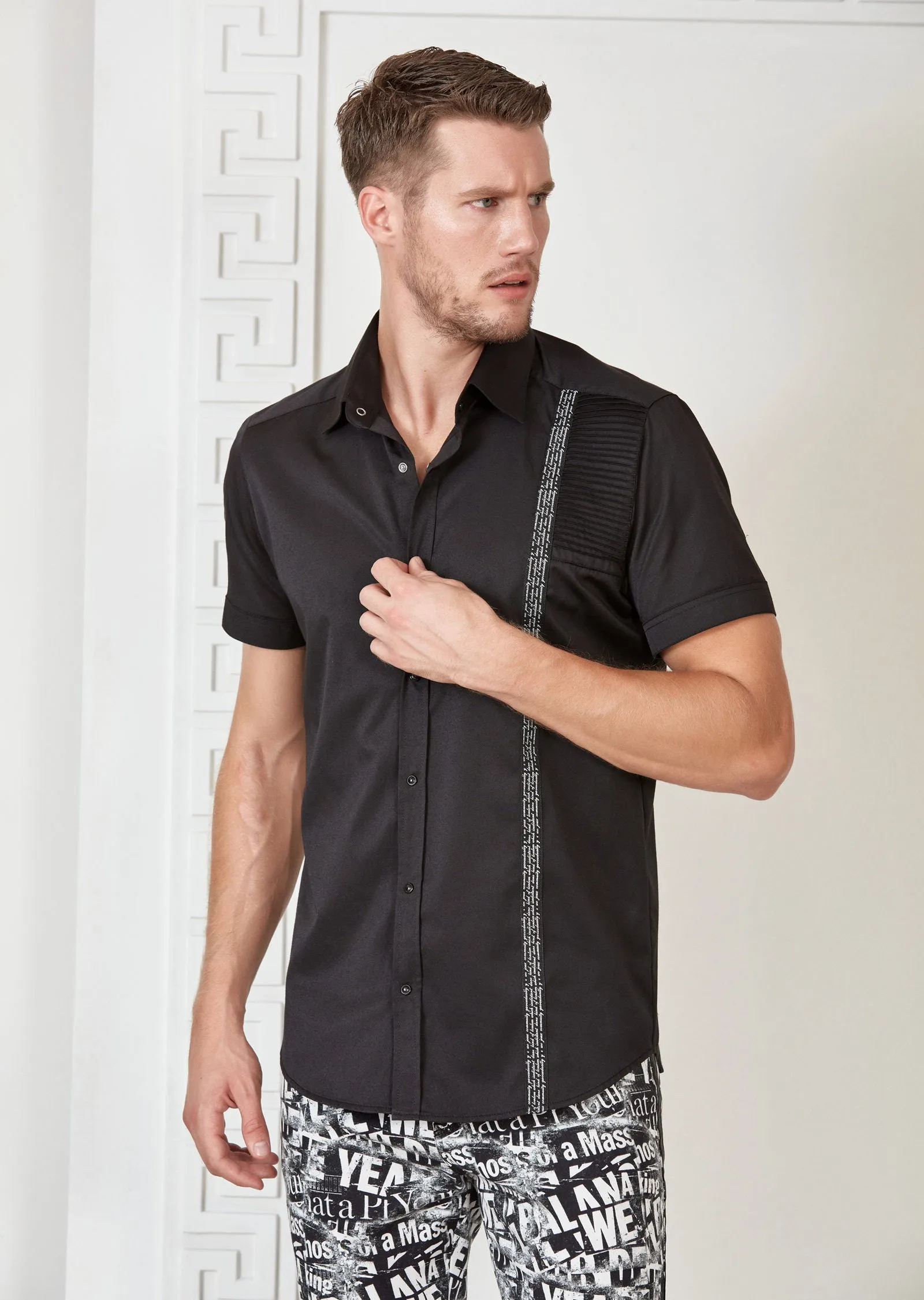 Black Quilted Ribbon Short Sleeve Shirt