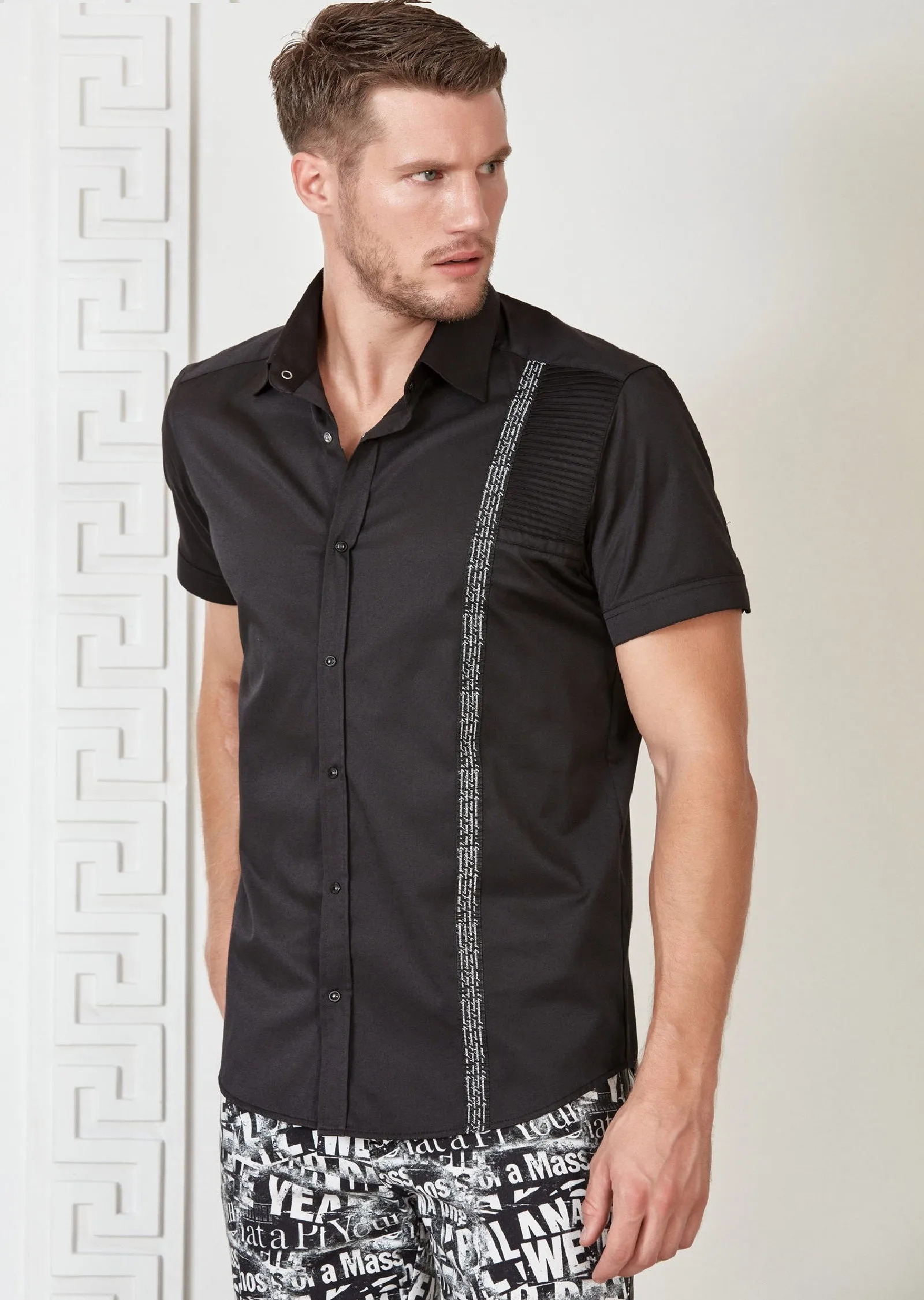 Black Quilted Ribbon Short Sleeve Shirt