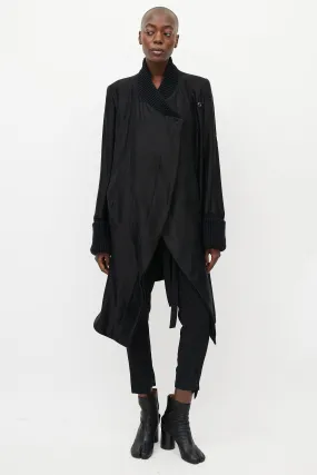 Black Satin & Ribbed Asymmetrical Belted Coat