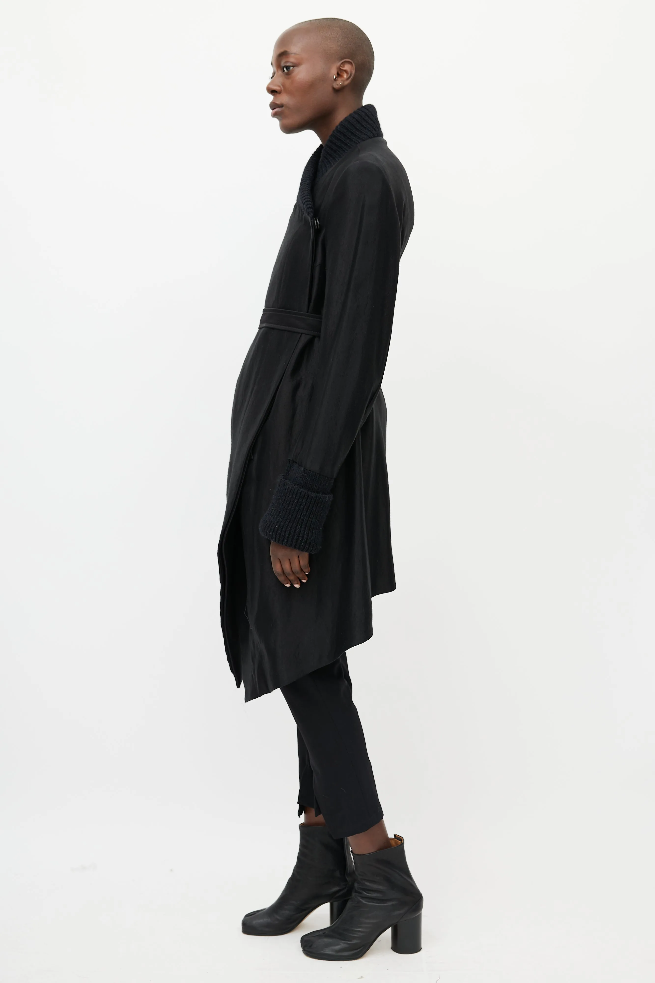 Black Satin & Ribbed Asymmetrical Belted Coat