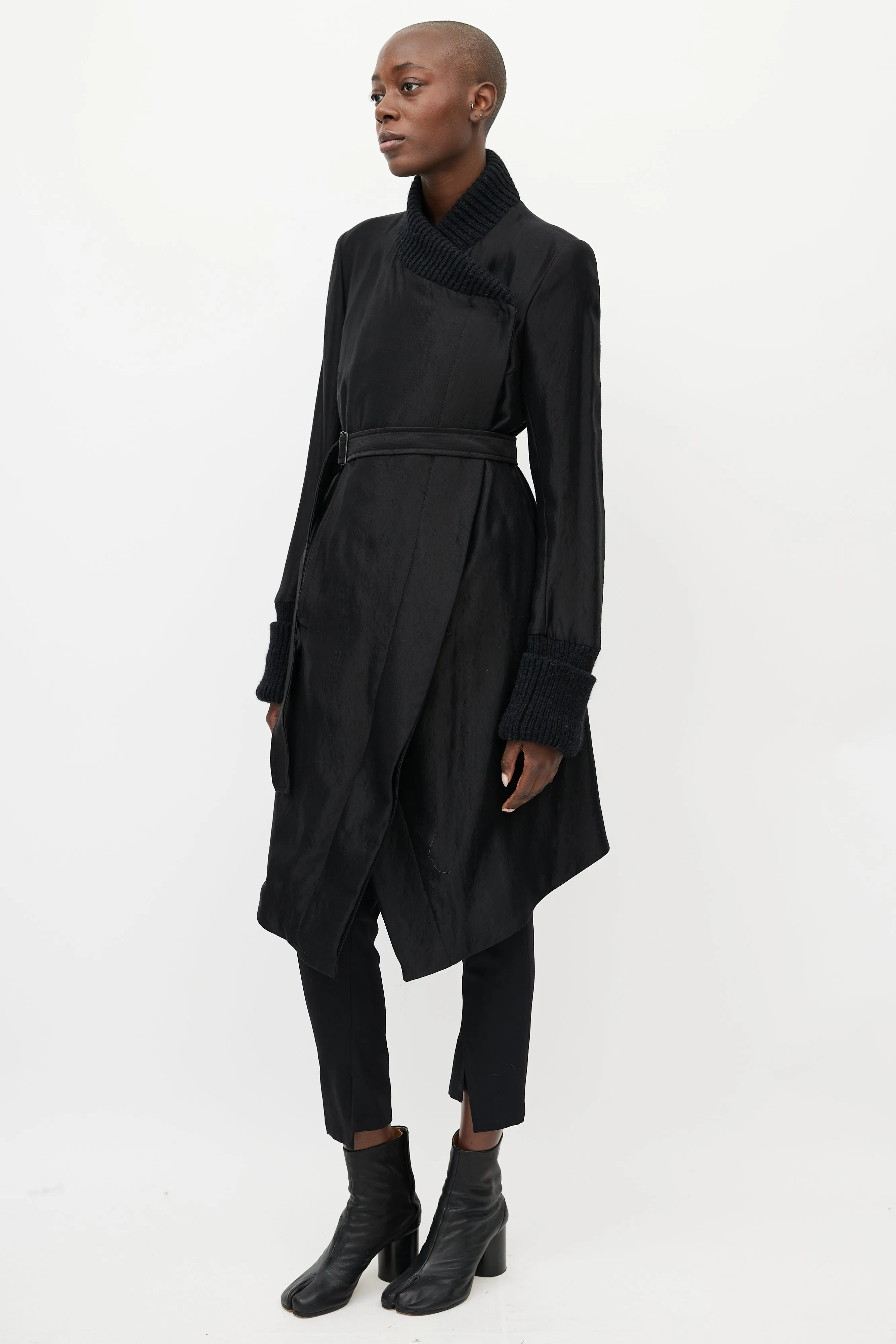 Black Satin & Ribbed Asymmetrical Belted Coat