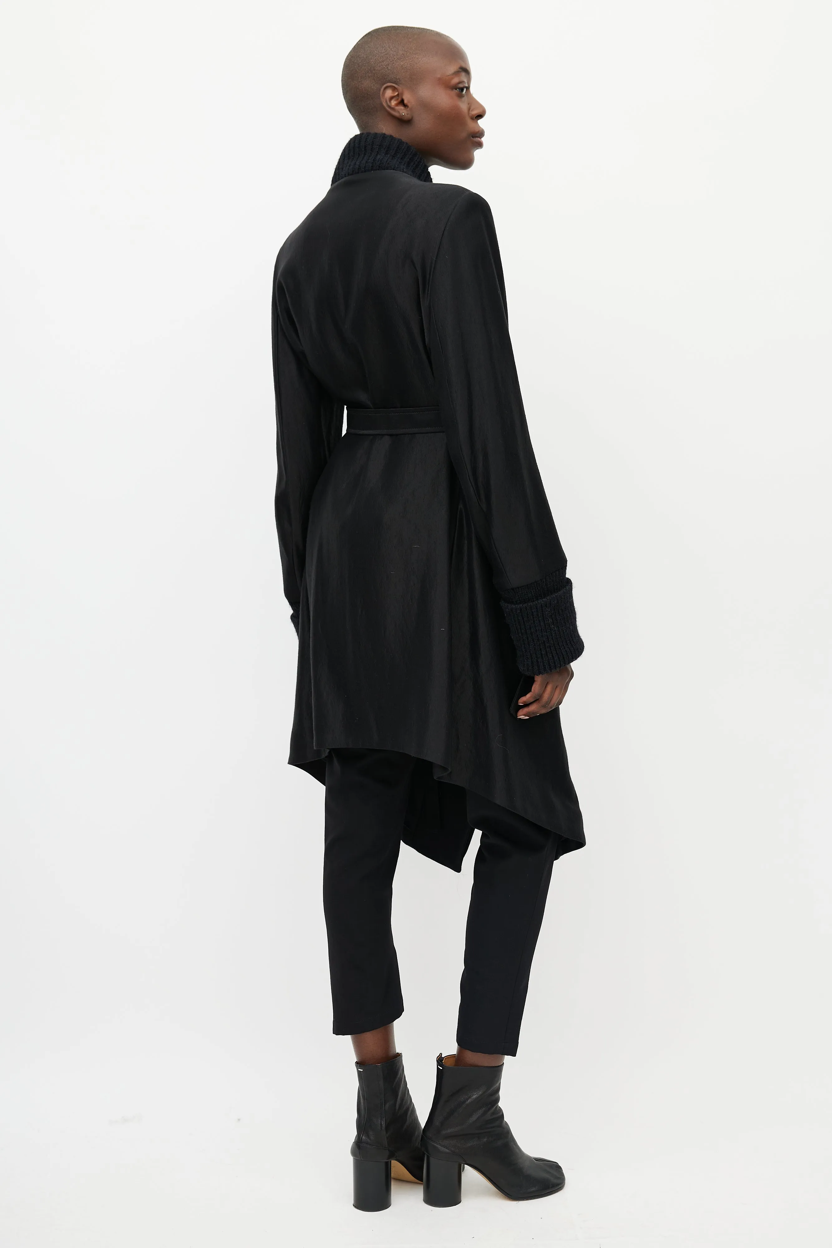 Black Satin & Ribbed Asymmetrical Belted Coat