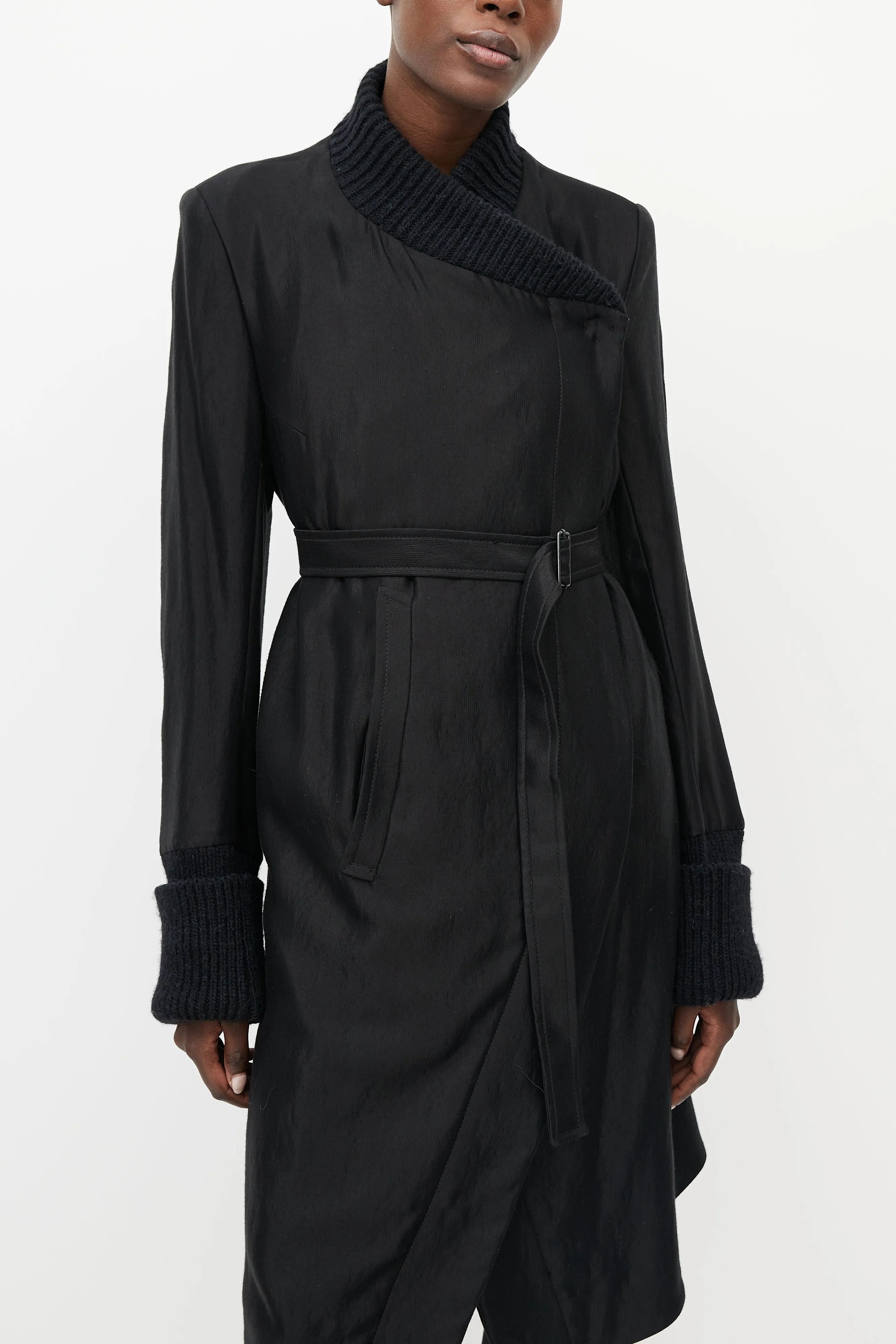 Black Satin & Ribbed Asymmetrical Belted Coat