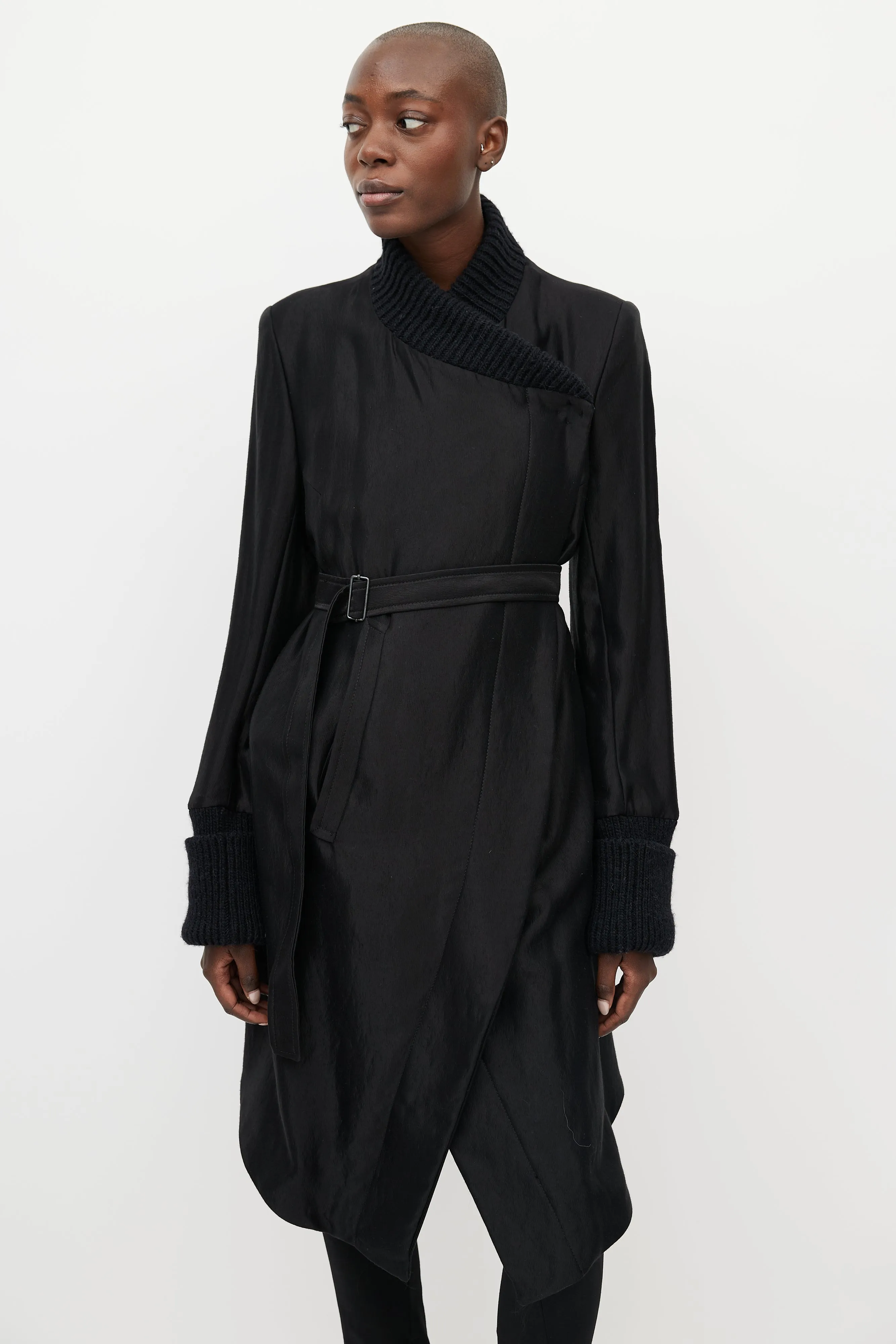 Black Satin & Ribbed Asymmetrical Belted Coat