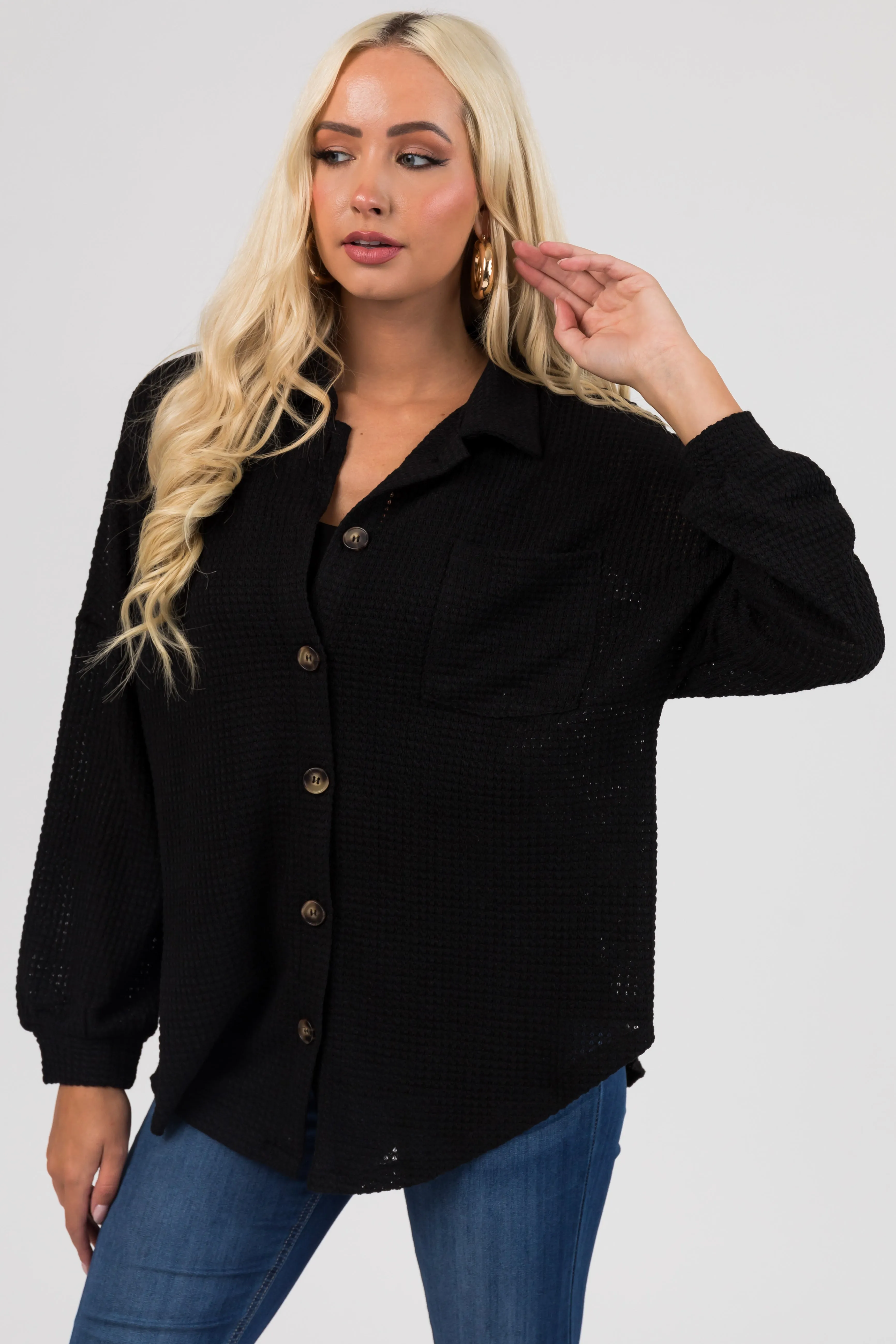 Black Waffle Knit Button Up Shacket